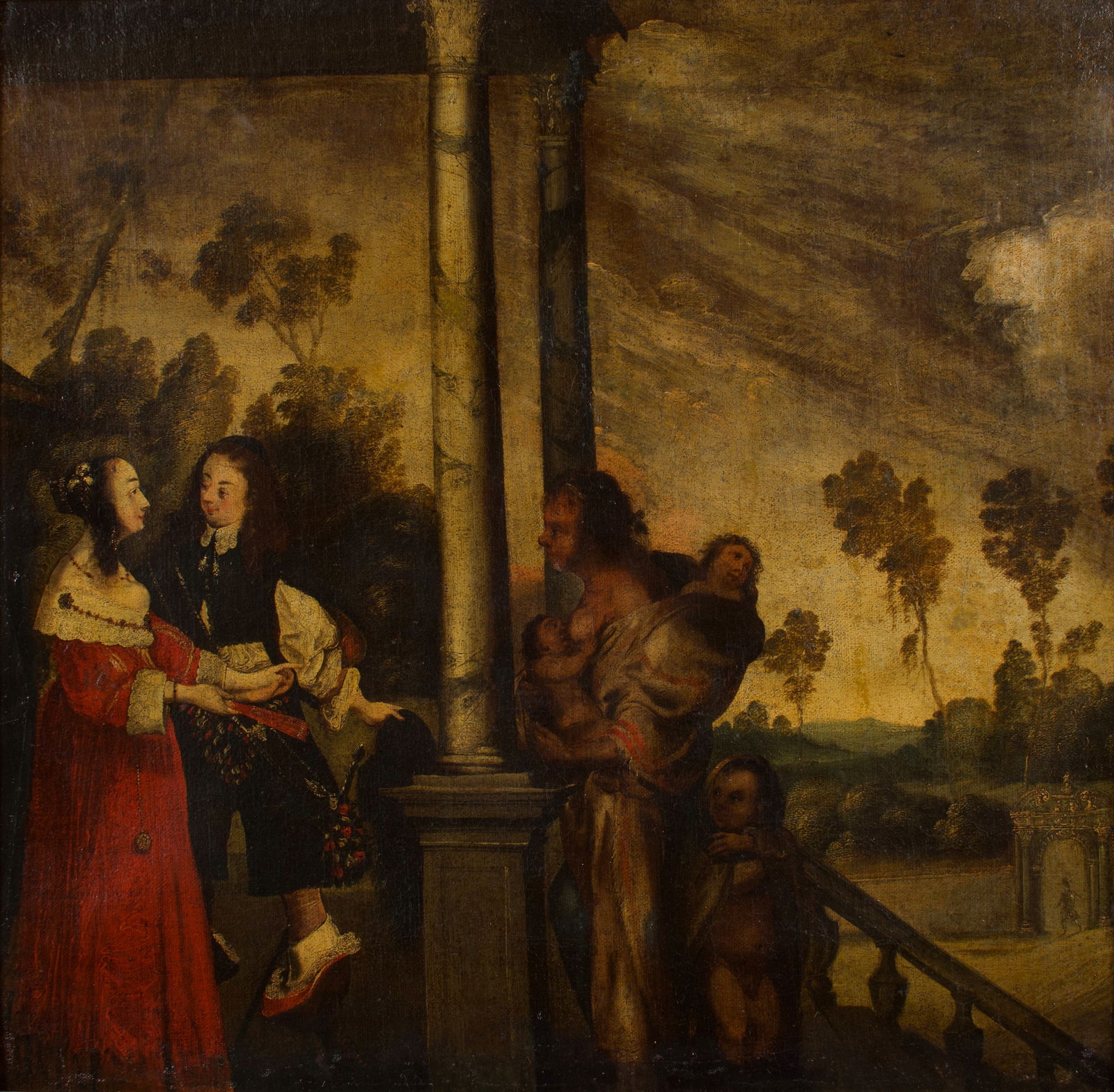 Antique 17th Century (?) Painting of Garden Scene.: This antique oil painting on canvas depicts a noblewoman and man greeting a peasant woman surrounded by children. They are standing in a balustrade with rolling hills in the background. The work is