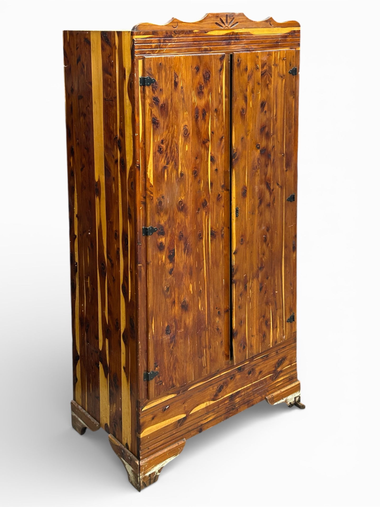 Vintage Pine Wardrobe.: The wardrobe has two doors and a single rod for hanging clothes. The rear right bracket foot is detached and damaged. It will need to be repaired, as right now the piece is unstable. The wardrobe