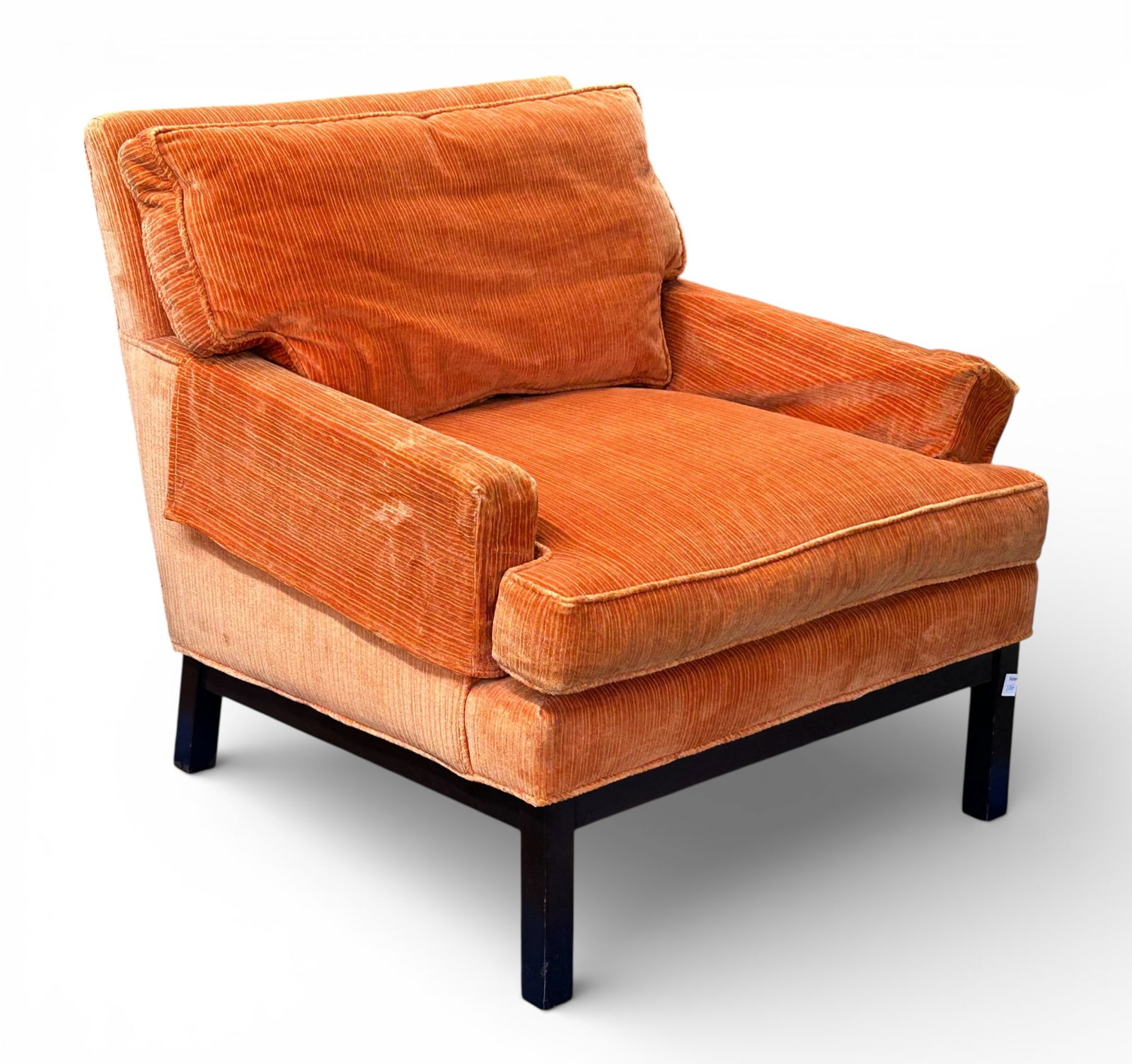 Mid-Century Modern Lounge Chair - Directional.: This signed chair has striped orange upholstery and ebonised legs. It is sun faded, and the legs show wear, but overall, it is in good condition. The chair measures 28" wide, 36" deep, and 30" tall. T