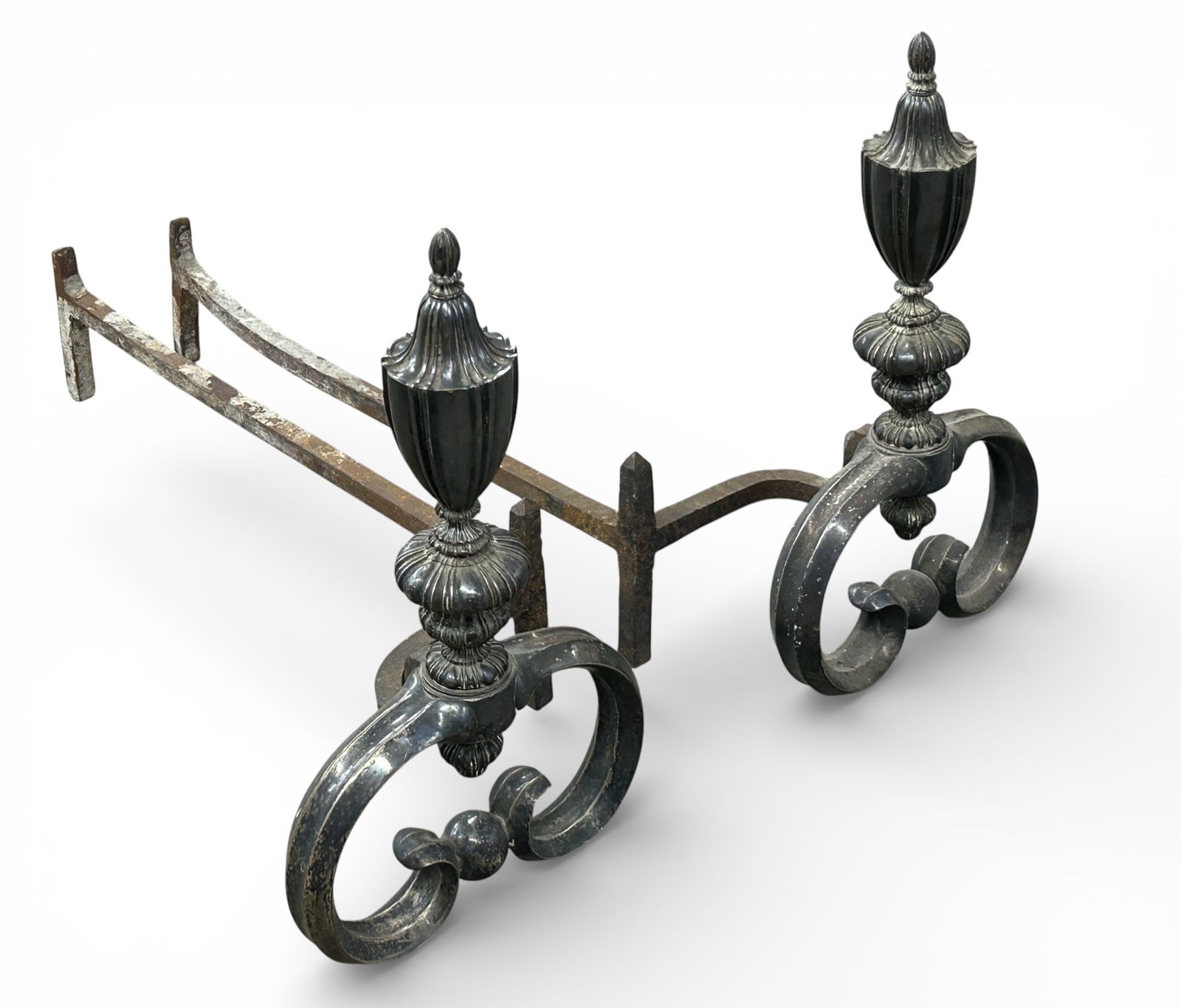 Antique Silver Plated Andirons.: These andirons are in good antique condition, with some rust. The plating is very tarnished. One of the finials is a bit loose. Each one measures 13" wide, 31" deep, and 20 1/2" tall. Third-party