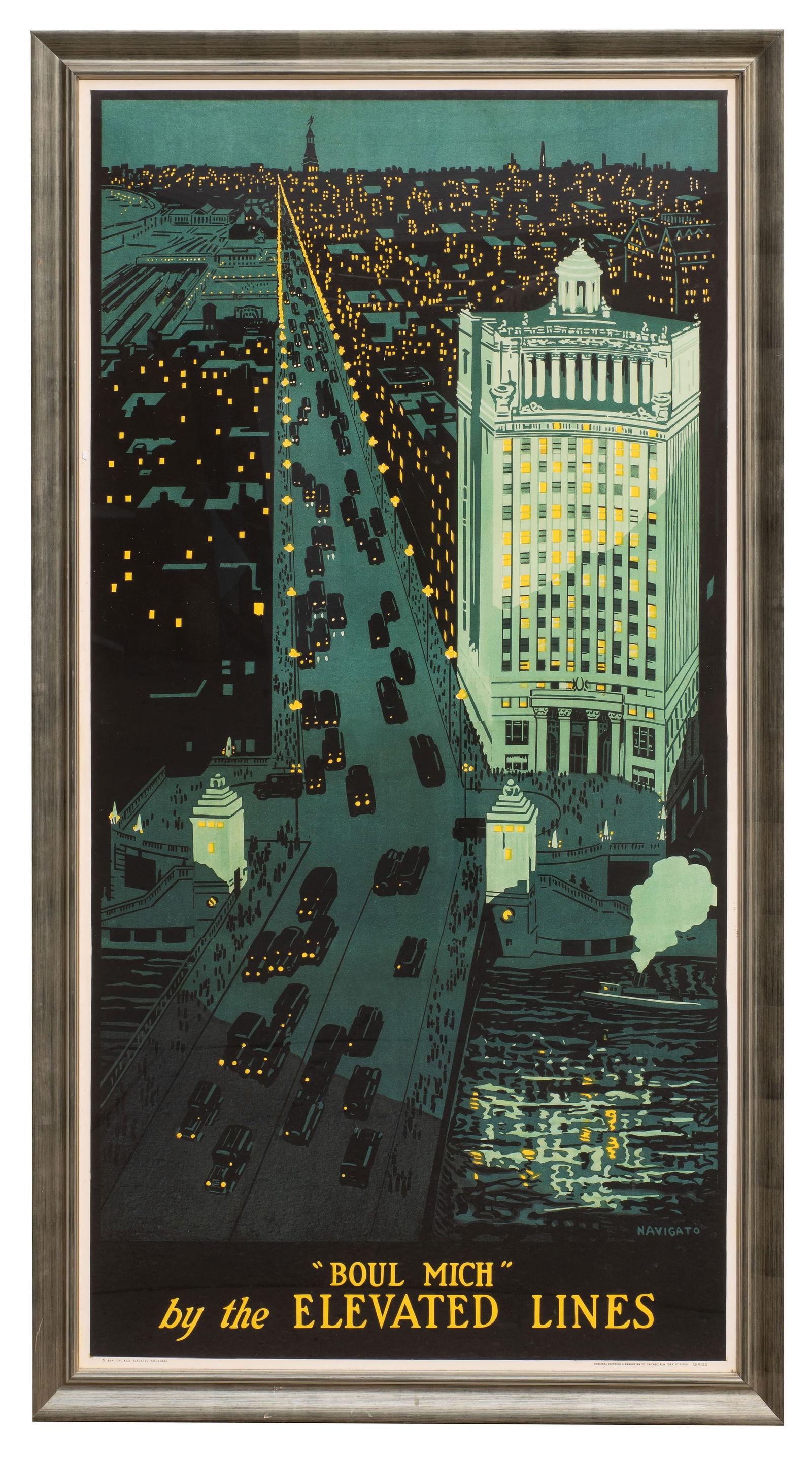 Lg Rocco Navigato "Boul Mich" Repro Poster, Framed: It is framed and protected under glass. The sight measurements are 74" x 37 3/4"; the frame measurements are 79" x 43 1/2" x 1 3/4". The poster looks to be in very nice condition. It shows a nighttime