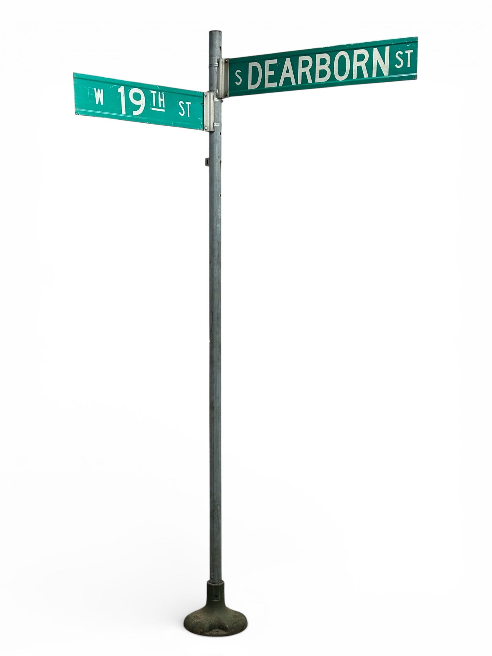 Vintage Chicago Street Sign - Dearborn & 19th St.: These signs for S. Dearborn St. and W. 19th Street are attached to a tall galvanized pole. They show wear from being exposed to the elements for many years, but are in good condition overall. The