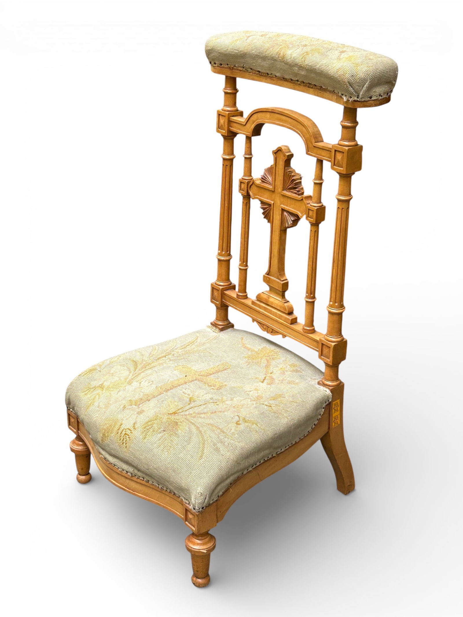 Vintage Needlepoint Prayer Bench or Kneeler.: This kneeler has a carved cross, as well as a needlepoint upholstered seat with a cross design. The top upholstery has a design with the initials, "JHS." Though the upholstery is a bit worn, overall