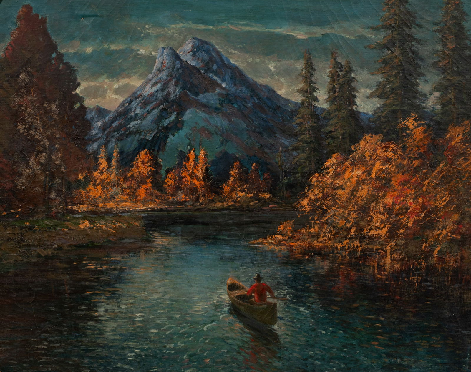 Large Mountainscape Painting, Unsigned.: Artist(s): Unknown. Medium: Oil painting on canvas. Signature(s): Unsigned. Paperwork/Provenance: N/A Condition: Tear upper left, craquelure throughout, and some signs of surface grime. Chips to the f