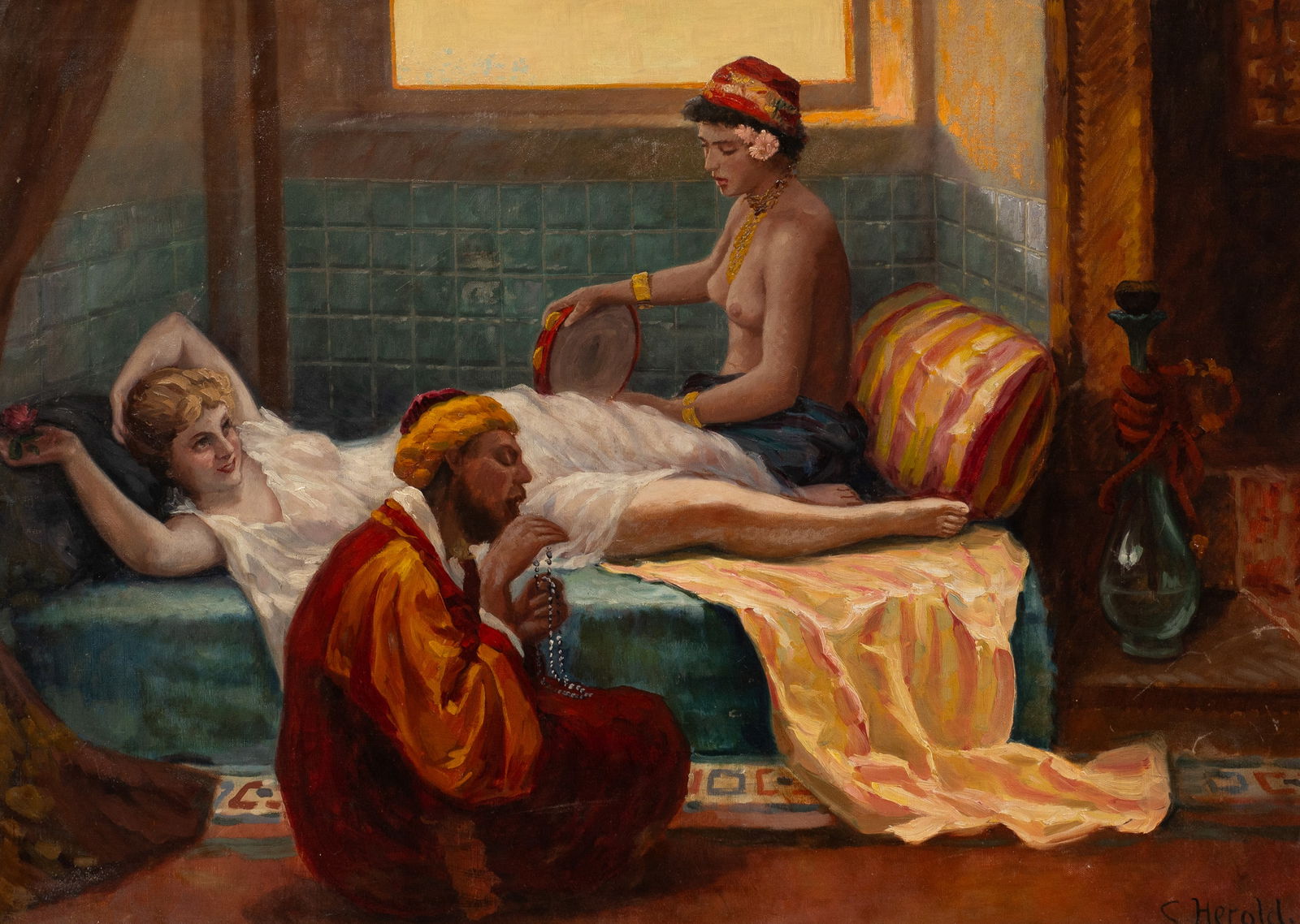 Arabic Style Figural Painting, Sgd. C. Herold.: Artist(s): C. Herold, mid-to-late 20th century. Medium: Oil painting on canvas. Signature(s): "C. Herold", lower right. Paperwork/Provenance: N/A Condition: Scattered paint loss, mainly along the