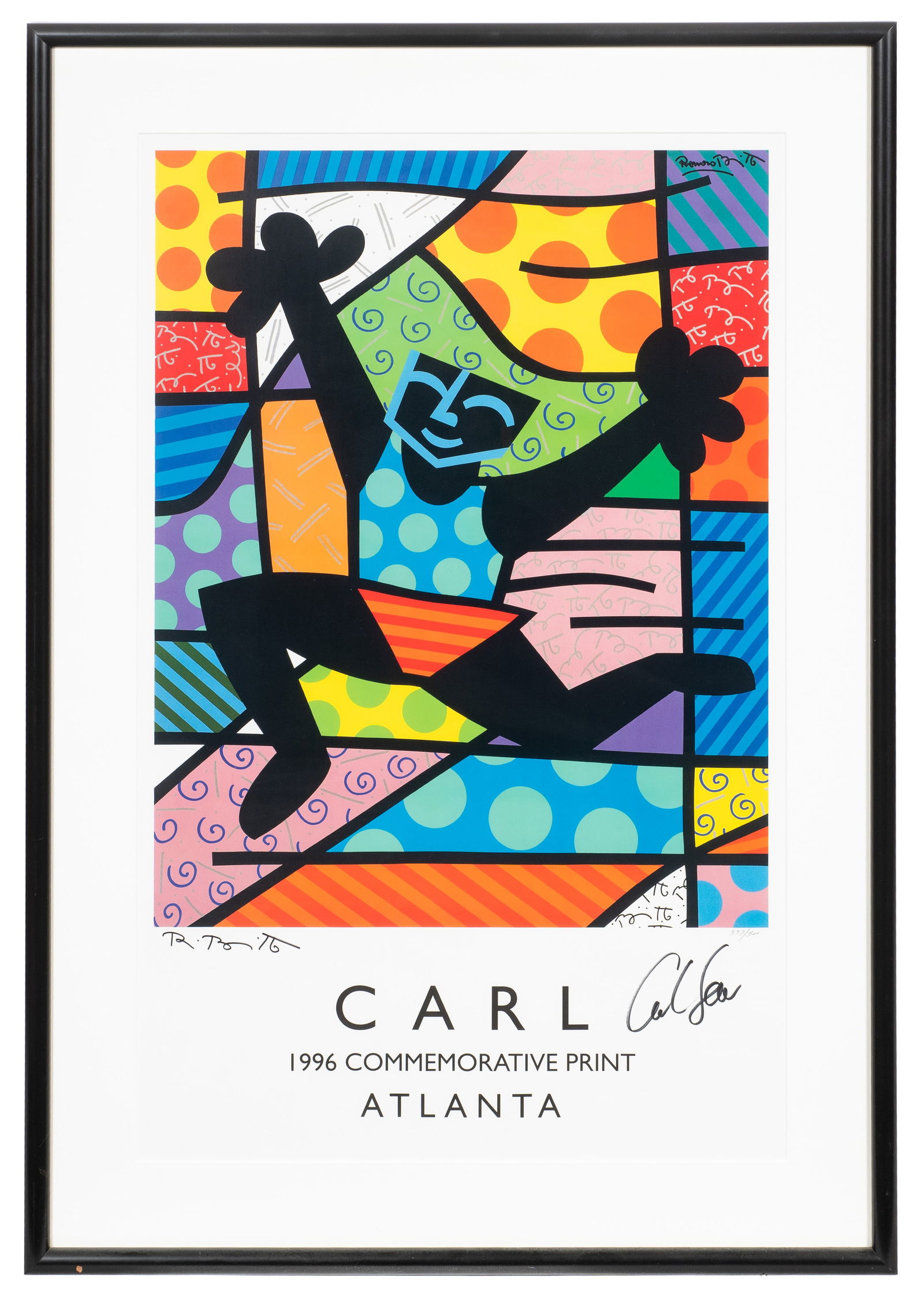 Romero Britto Poster, Carl Lewis 1996 Olympics.: This lot contains a limited edition Romero Britto (Brazilian, b. 1963) commemorative print for Carl Lewis and his win in the 1996 Atlanta Olympics. Lewis and Britto signatures are in marker. The poste