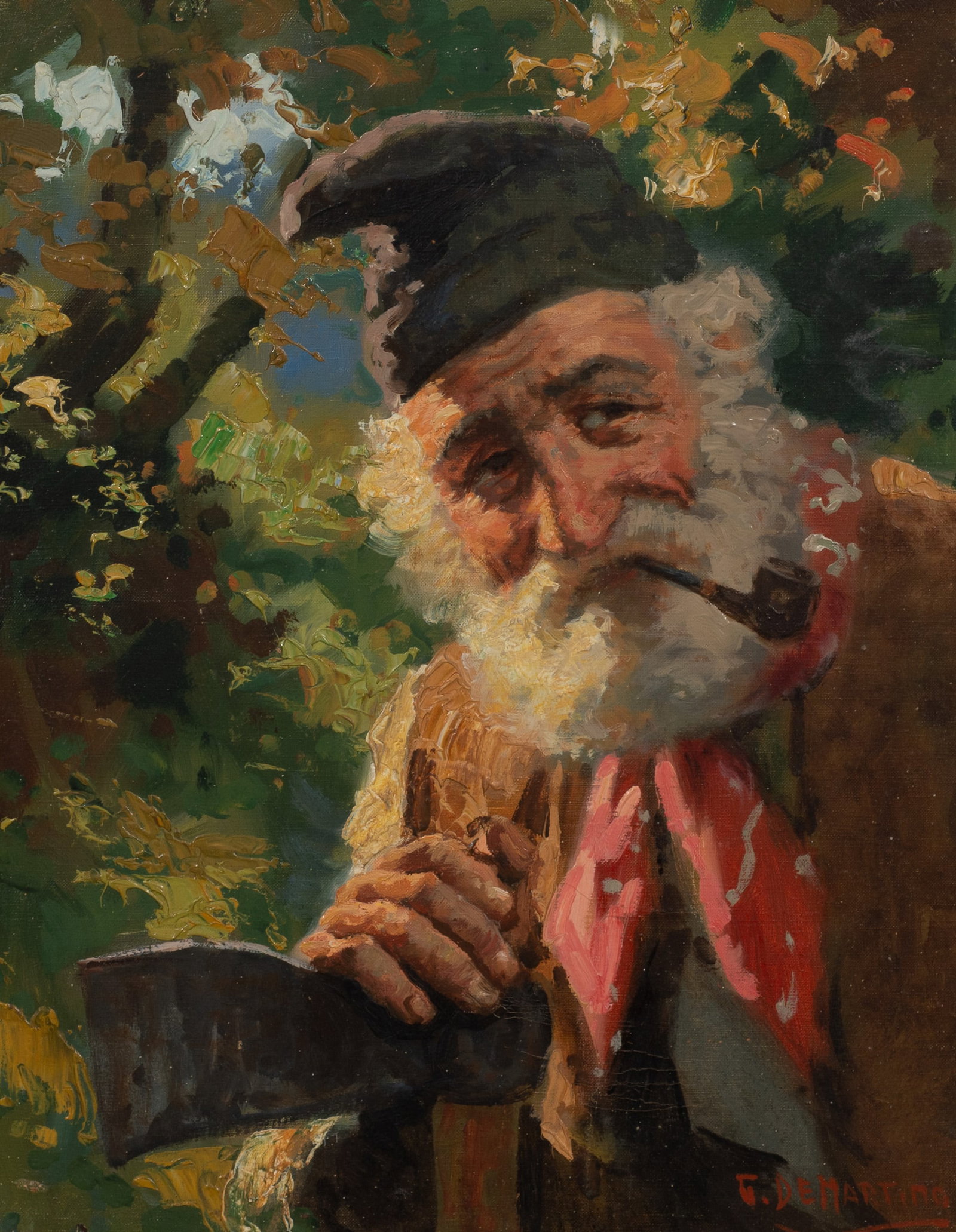 Painting of an Old Man, Gino DeMartino.: Artist(s): Gino DeMartino (Italian, 1915-?). Medium: Oil painting on canvas. Signature(s): "G. DeMartino", lower right. Paperwork/Provenance: Comes with paperwork from Van Pelt Art Galleries. Conditio