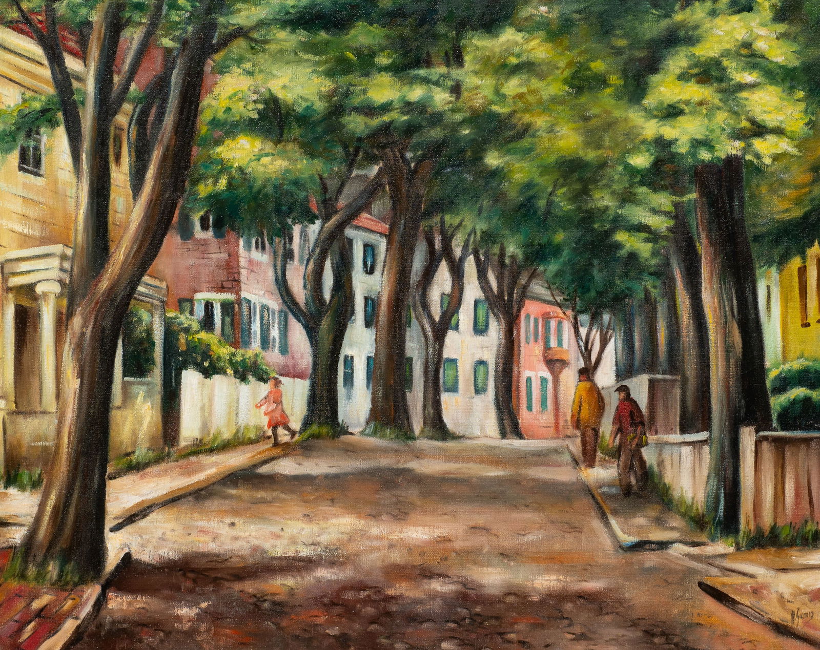 Helmut Summ Painting, Large Street Scene.: Artist(s): Helmut Summ (German, 1908-1992). A Wisconsin 1930's WPA Artist.Medium: Oil painting on canvas. Signature(s): "H. Summ", lower right. Paperwork/Provenance: N/ACondition: Minor craquelure and