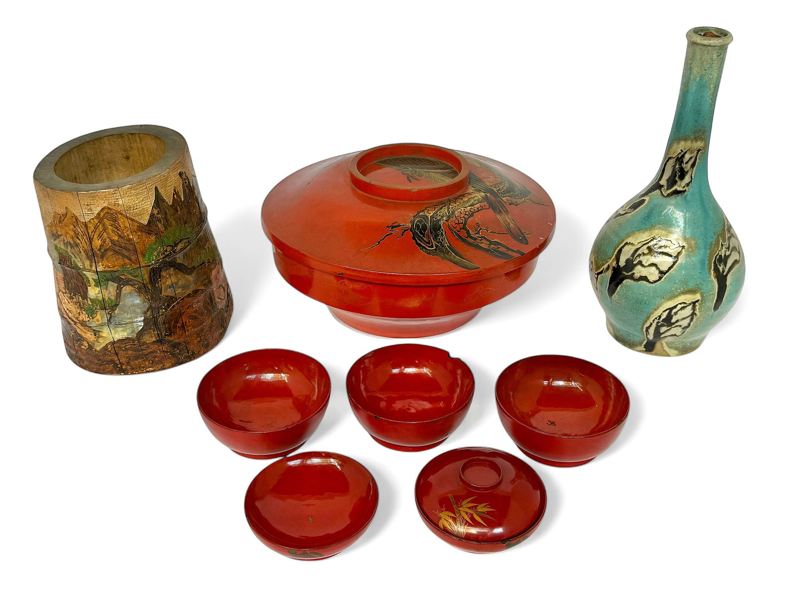 Lot of Japanese Lacquer Items & Other Articles.: The lot includes a green pottery vase (13 3/8" tall), a carved and painted wooden brush pot (has cracks, measures 8 1/2" tall and 6" across), and a large red covered serving dish and bowl set (one of