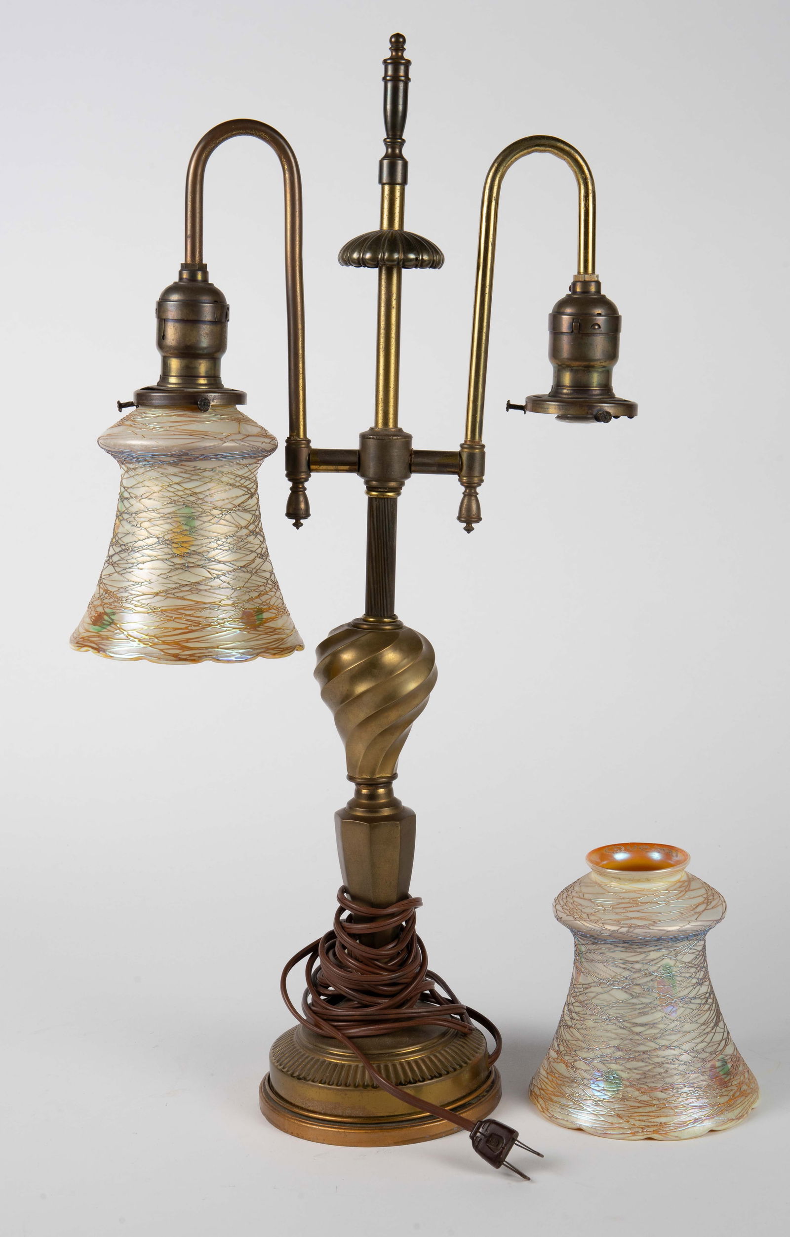 Brass 2 Arm Lamp with Threaded Quezal Shades. (1 of 7)