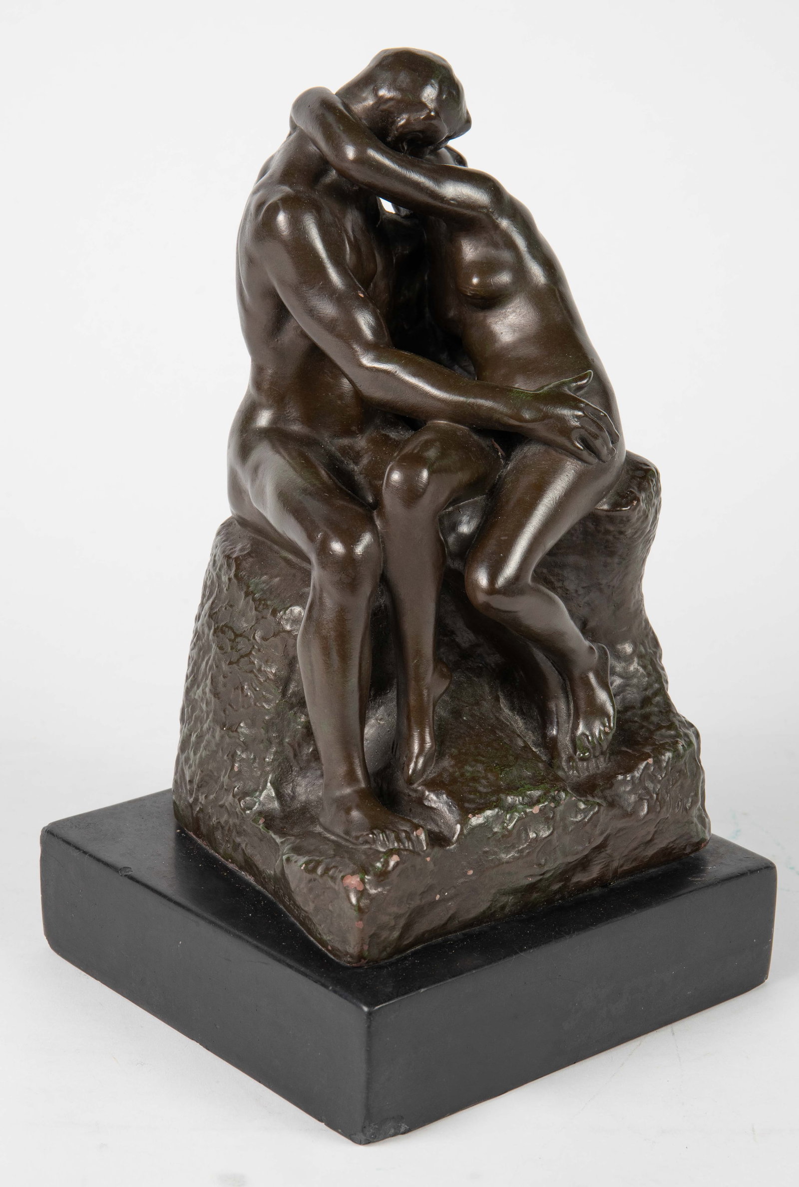 Sculpture After Rodin "The Kiss", Sgd. Alva Studio: This mid century reproduction is signed 57 Alva Studios on the back near the base. The piece is also marked F. Barbedienne on the left side, and has a stamp on the right side. The composition piece ha