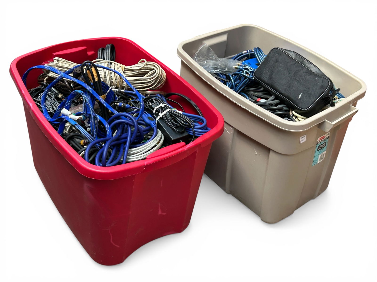 Huge Lot of Mostly Audio Cables / Cords.: The lot contains 2 large bins of various cables, mostly for audio equipment. There are heavy duty power cords, guitar to amp cords, multiple wire cords, heavy duty speaker wires, high performance