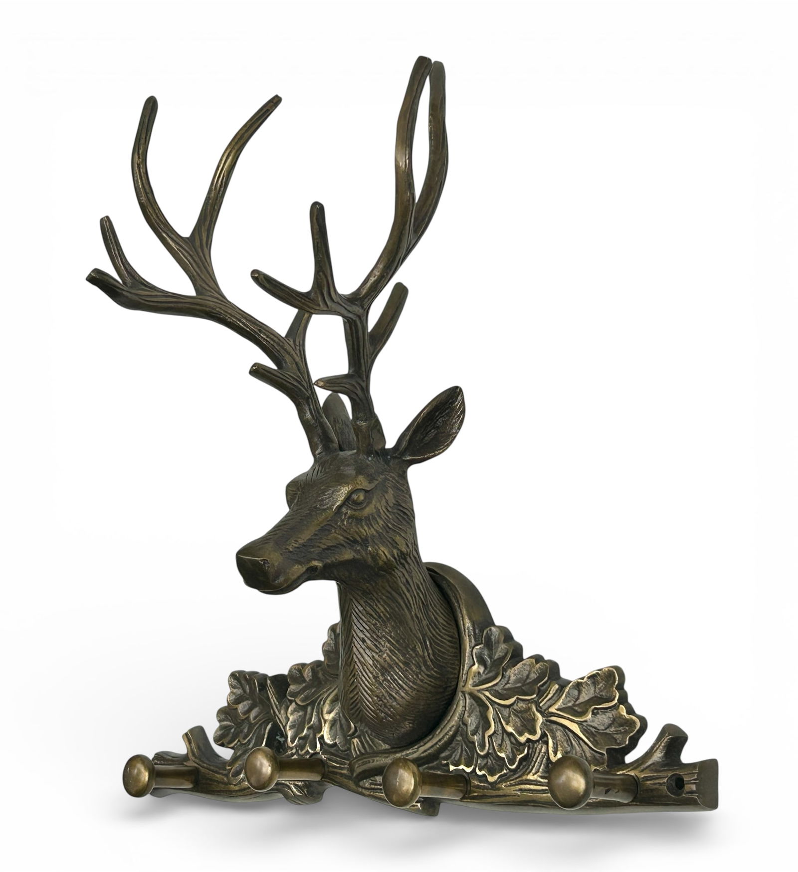 Bronzed Aluminum Deer Head Coat Rack.: The metal coat rack features a 12 point deer bust decoration and 4 hooks with a patinated bronze finish. It measures 13 3/4" tall, 15" wide, and 7 7/8" deep. It is in overall very good condition. In-h