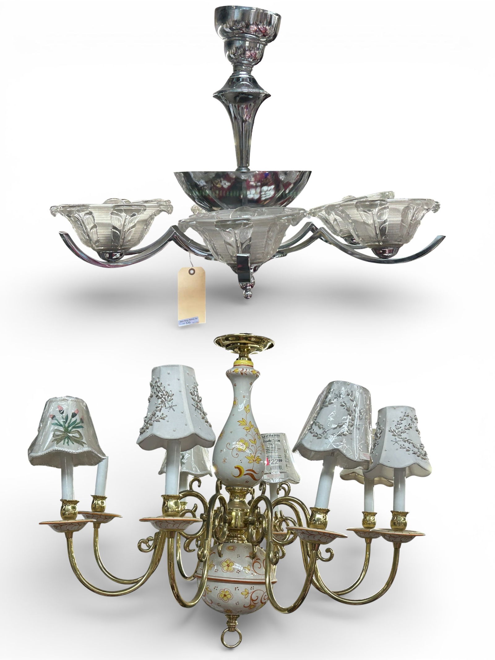 2 Chandeliers - Ceramic & Brass, Chrome & Glass. (1 of 10)