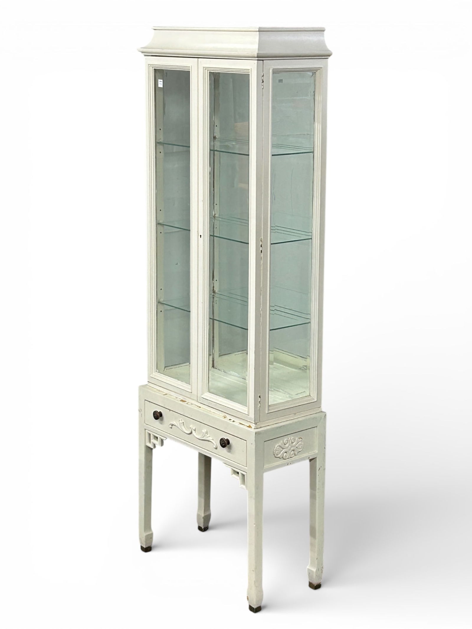 Painted Chinese Style Vitrine - Century Furniture: This signed piece appears to have been painted white by an amateur. Some of the paint is chipping off at the bottom of the display area. The piece has bevelled glass front doors and three adjustable