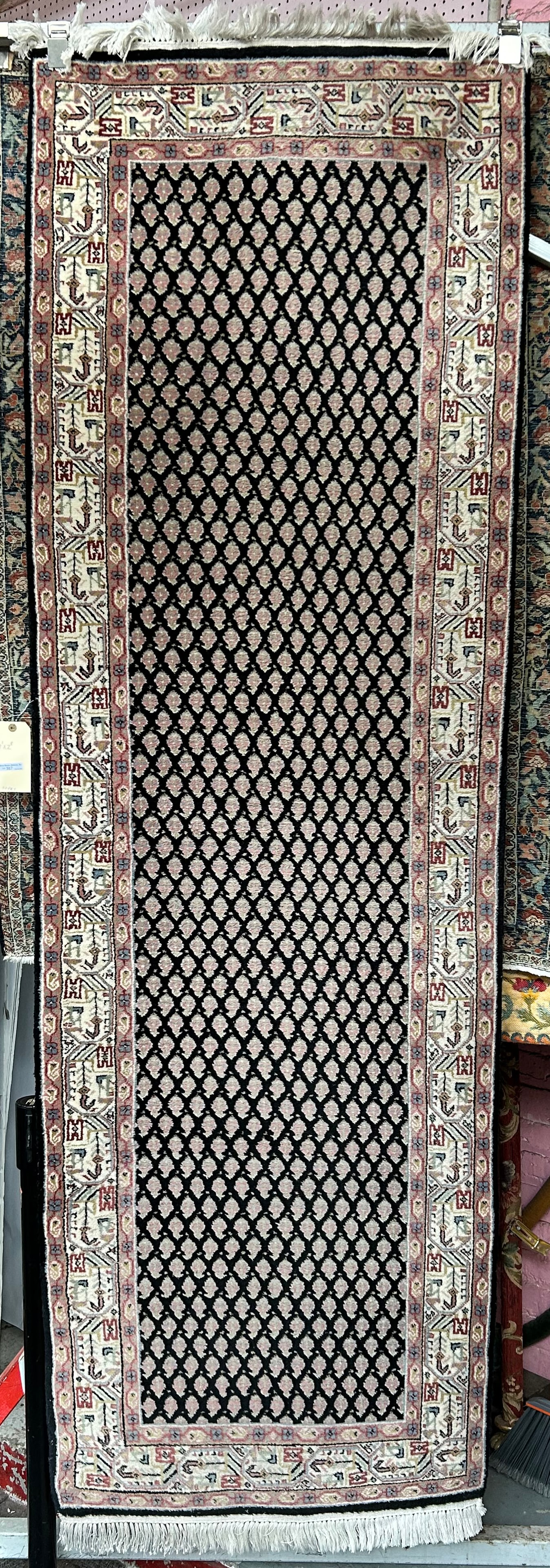 2' 8" x 8' 1" Sarough Mir Pattern Runner Rug.: It may be of Indian make (please see photos for weave details). The rug has seen use, but is in good overall condition. In-house shipping is available for this rug. Please see our website regarding ou