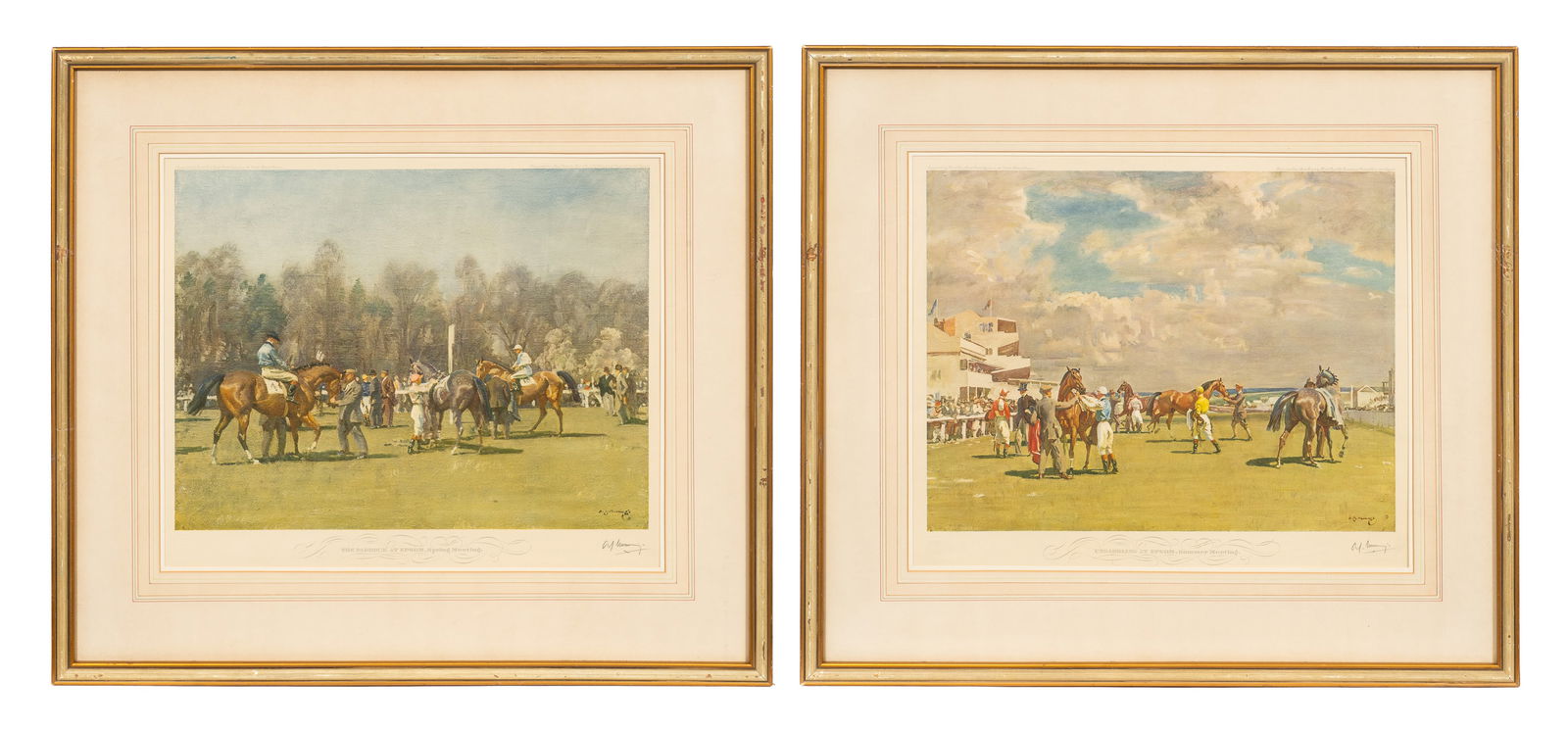 Pr. Epsom Equestrian Lithographs, Alfred Munnings.: This lot contains two color lithographs of paintings by Alfred Munnings, published by Frost & Reed. Titled "The Paddock at Epsom, Spring Meadows" and "Unsaddling at Epsom, Summer Meeting", and pencil