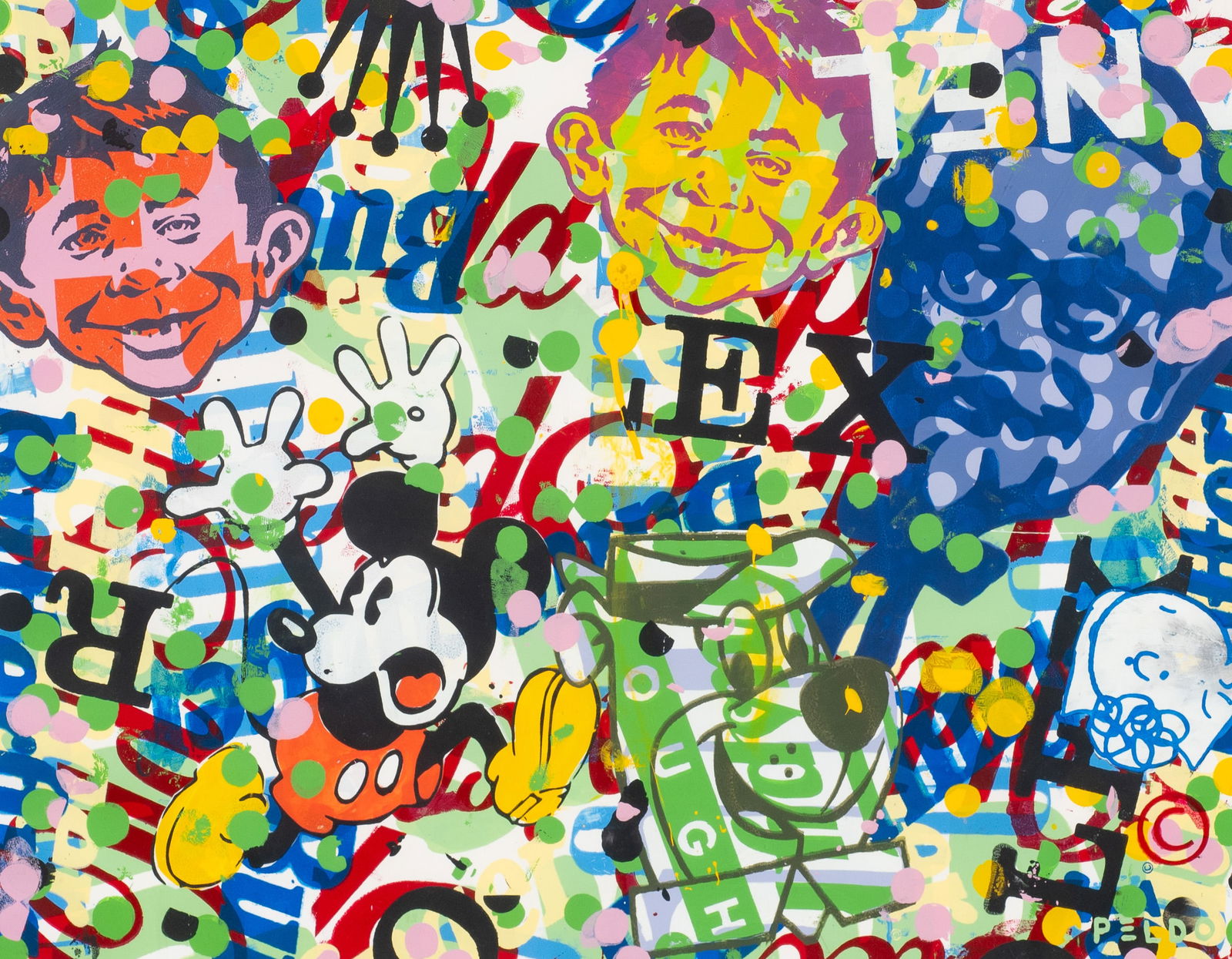 Abstract Pop Art Painting by Chris Peldo.: Artist(s): Chris Peldo (American, 20th/ 21st Century). Medium: Mixed-media acrylic painting on paper. Signature(s): "Peldo", lower right. Paperwork/Provenance: N/A Condition: Some fraying to the