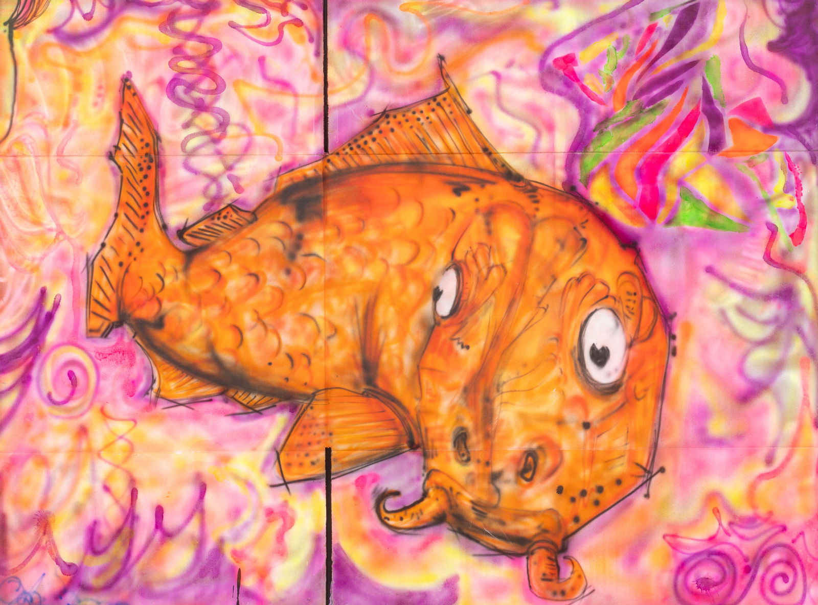 Spray Paint Art of a FIsh, Signed.: Artist(s): Unknown. Medium: Spray paint on cardboard. Signature(s): Signed illegibly, lower left. Paperwork/Provenance: N/A Condition: Appears to be in good overall condition with minimal wear to its