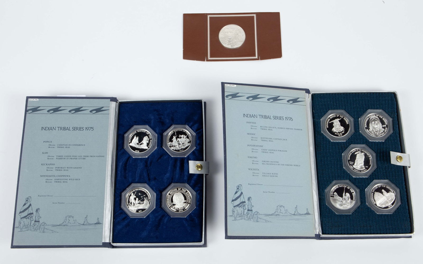 Lot of American Indian .999 Silver Medallions.: The lot contains 10 Franklin Mint issued .999 fine silver medallions. There are 2 sets from the Indian Tribal Series Collection, 1975 and 1976. One set has 4 medallions, and the other has 5. They
