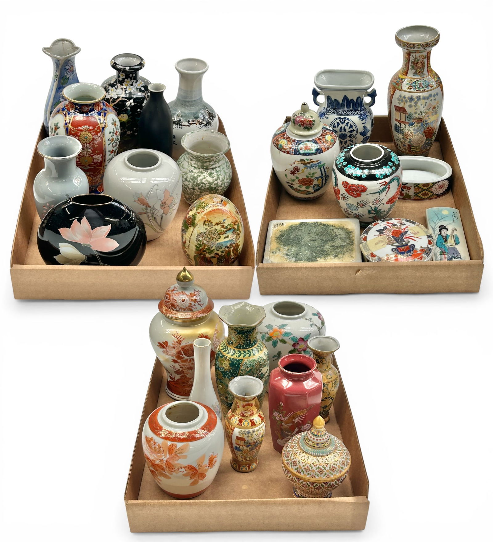 Lot of Mostly Asian Vases & Decor.: The lot included bud vases, ginger jars, larger vases, and more. Overall, it looks to be in good condition. The largest item measures 4 1/4" x 4 1/4" x 10". The smallest item measures 5 3/8" x 3 1/4"