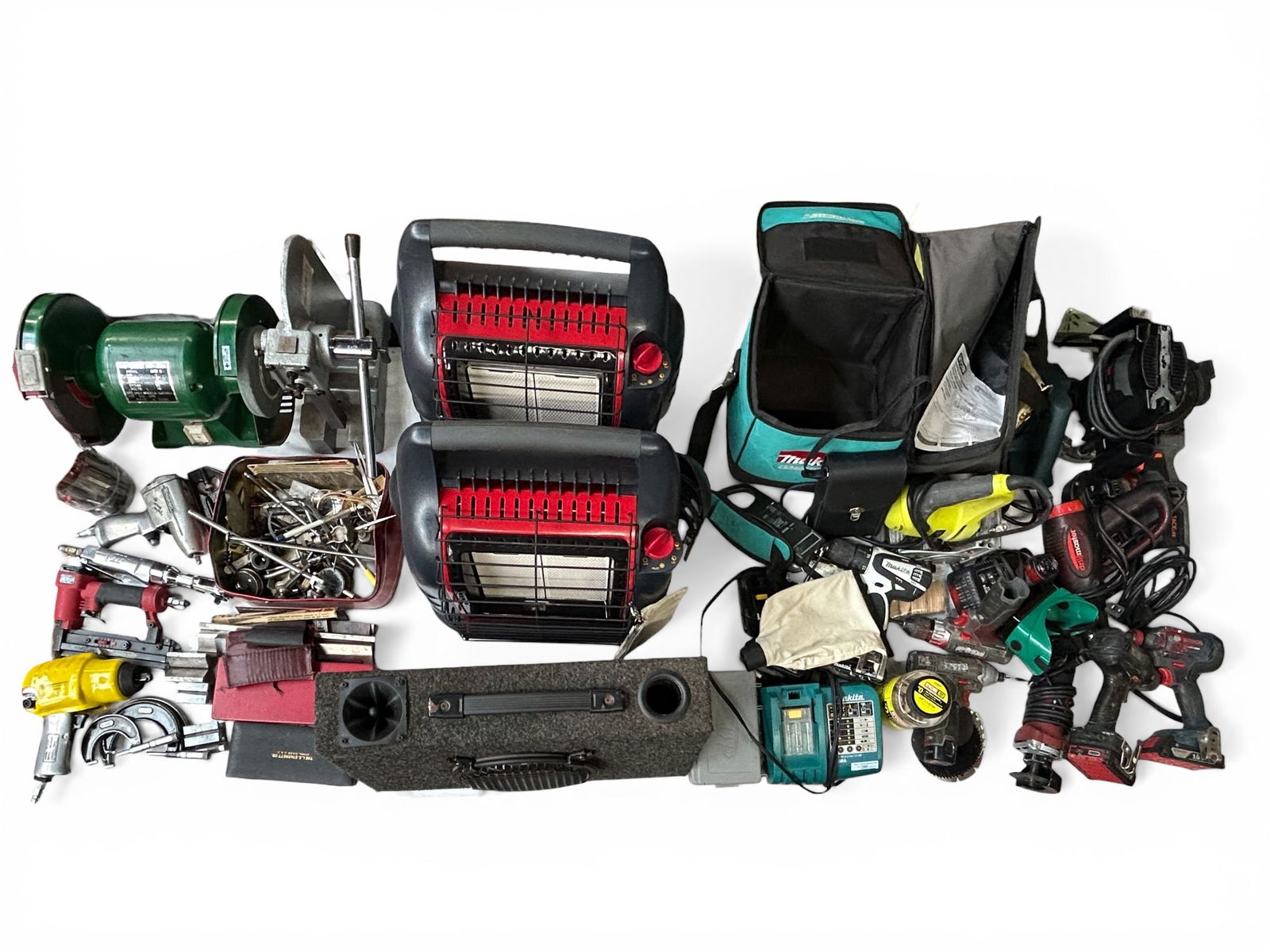 Lot of Asst. Electrical Tools, Hardware, etc.: Most of these items do not come with chargers. Some of the brands included are Makita, Ryobi, Bosch, Hunter, Snap-On, and more. Also included are a pair of propane heaters, a car speaker, and some