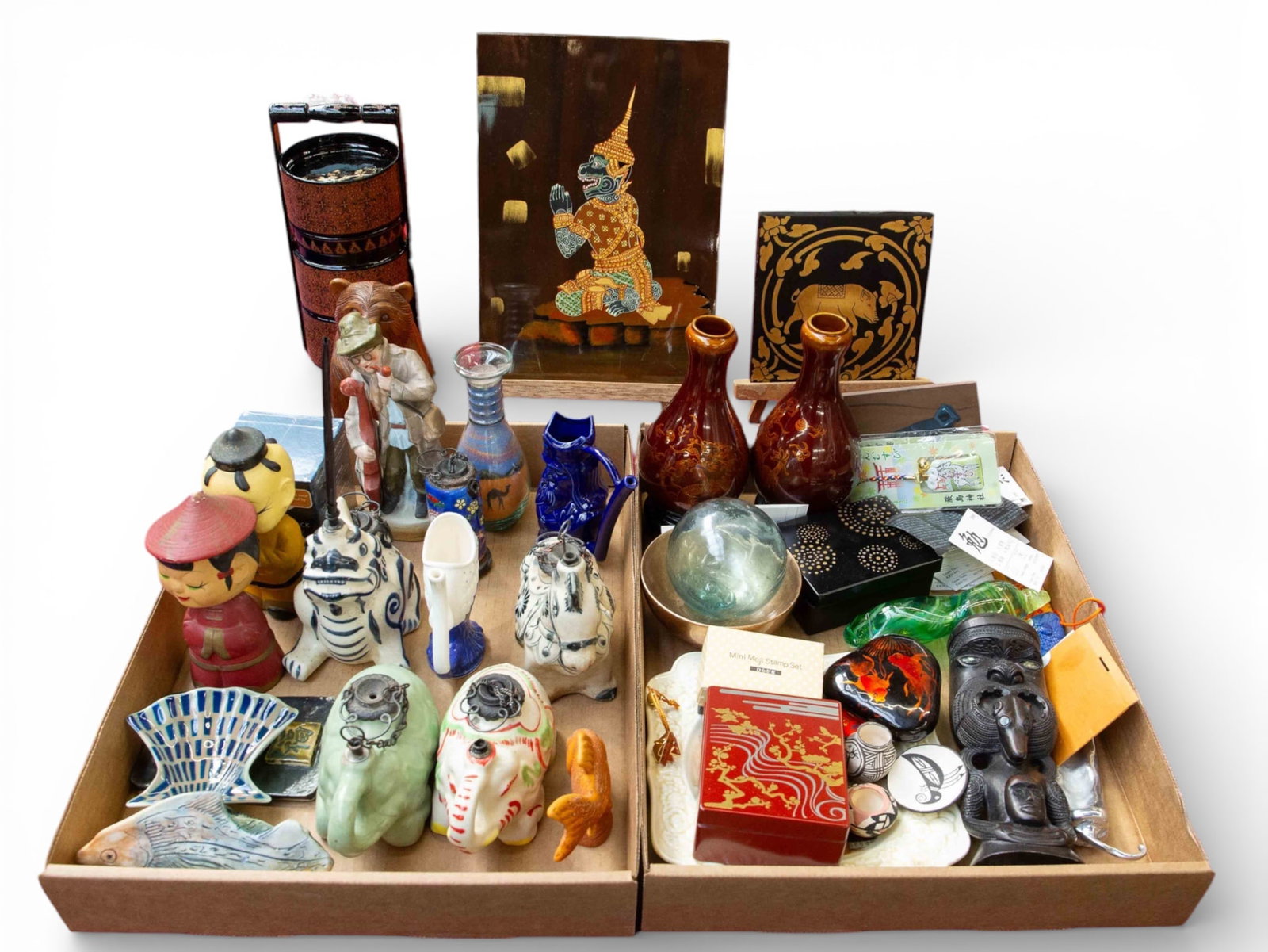 Lot of Assorted Decor - Asian, European, etc.: The lot includes Asian figures, assorted ethnic decor, jalapeno pepper sculptures, and more. It looks to be in nice condition overall. The largest item measures 11 1/4" x 8 x 1/2". The smallest item m