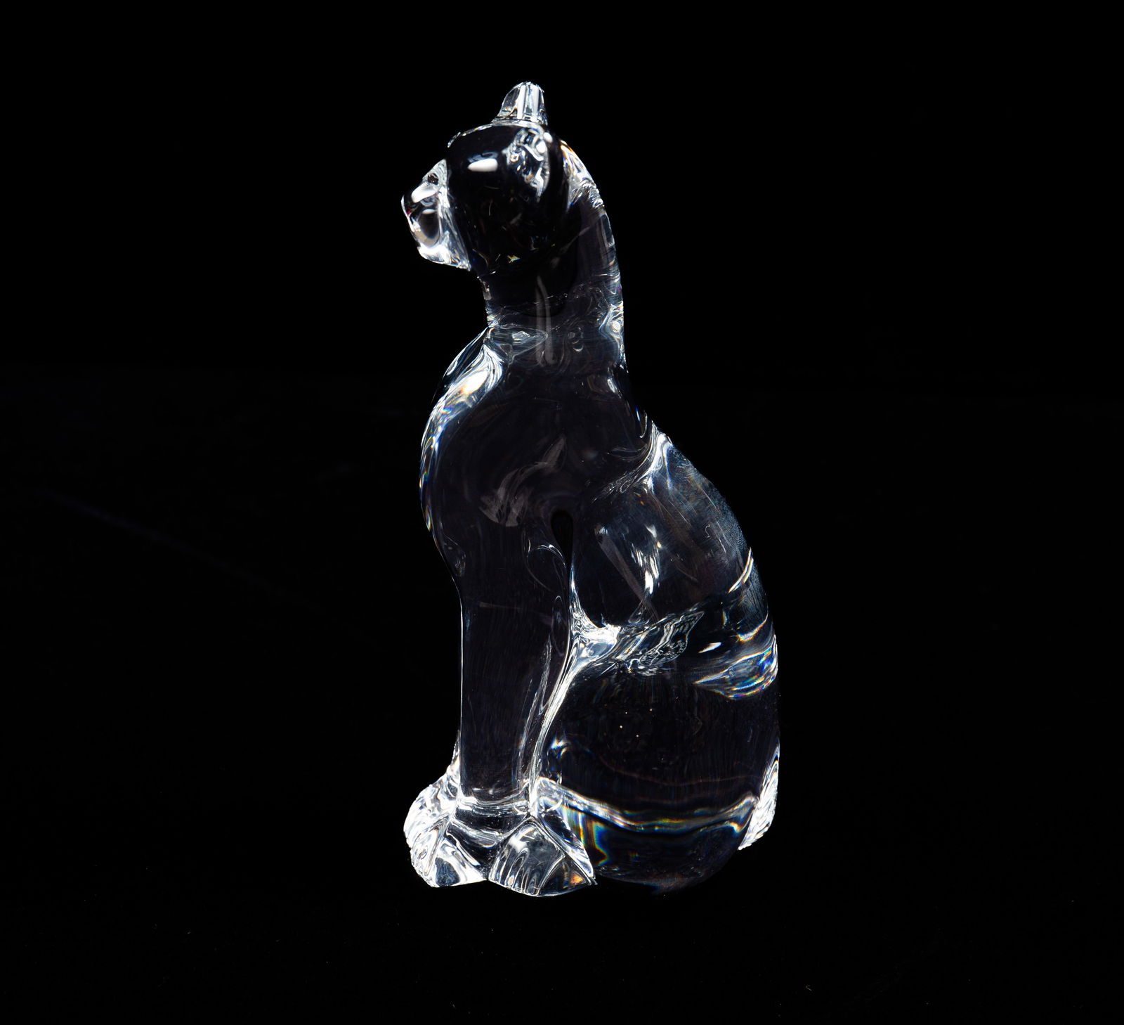 Baccarat Crystal Sitting Jaguar Figure.: The crystal figure is stamped Baccarat France on the underside. It measures 6 1/4" tall, 2 1/8" wide, and 3 3/8" deep. It is in very good condition. In-house shipping is available. Please see our webs