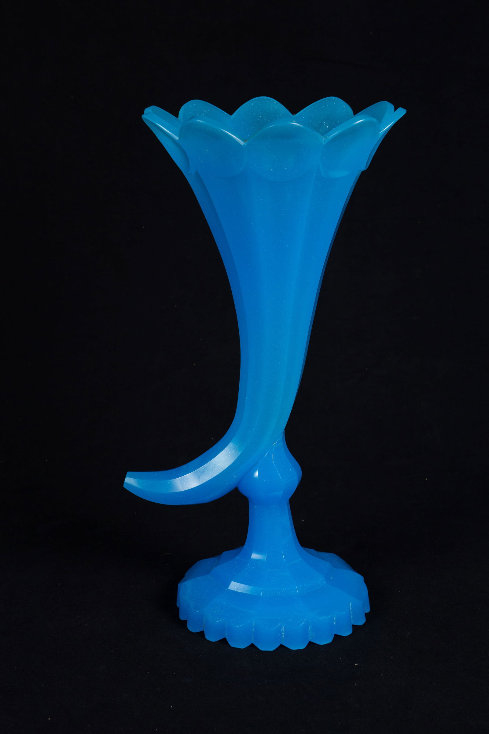 Antique French Blue Opaline Glass Cornucopia Vase: The 19th Century light blue glass vase measures 14 1/2" tall and 7" wide, and 7 1/4" deep. There are a couple of small chips at the point end of the cornucopia. Otherwise, it is in overall very good c