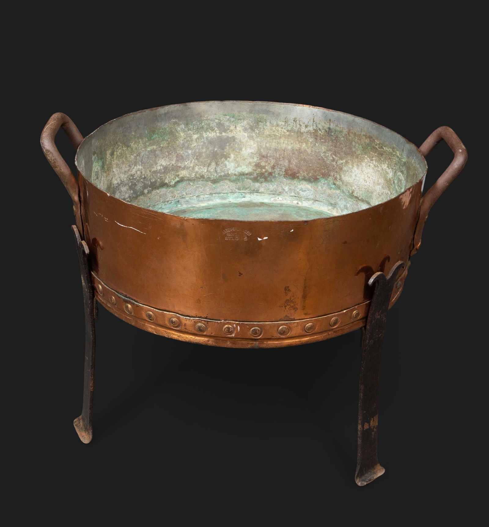Wide Copper Studded Pot on Wrought Iron Stand. (1 of 7)