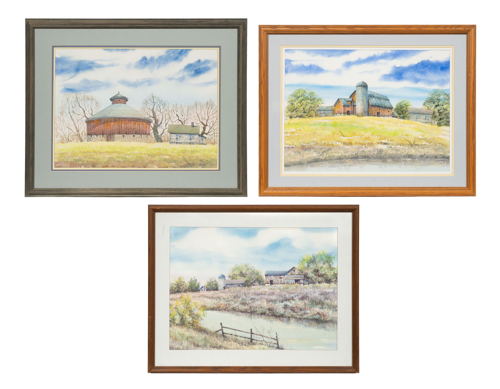 Three Farm Theme Watercolors, Edward Slade.: Lot of three watercolor paintings by Edward Slade (American, 1911-2001). Paperwork/Provenance: N/A Condition: No visible signs of damage to the works. A few scattered scratches to the frames.