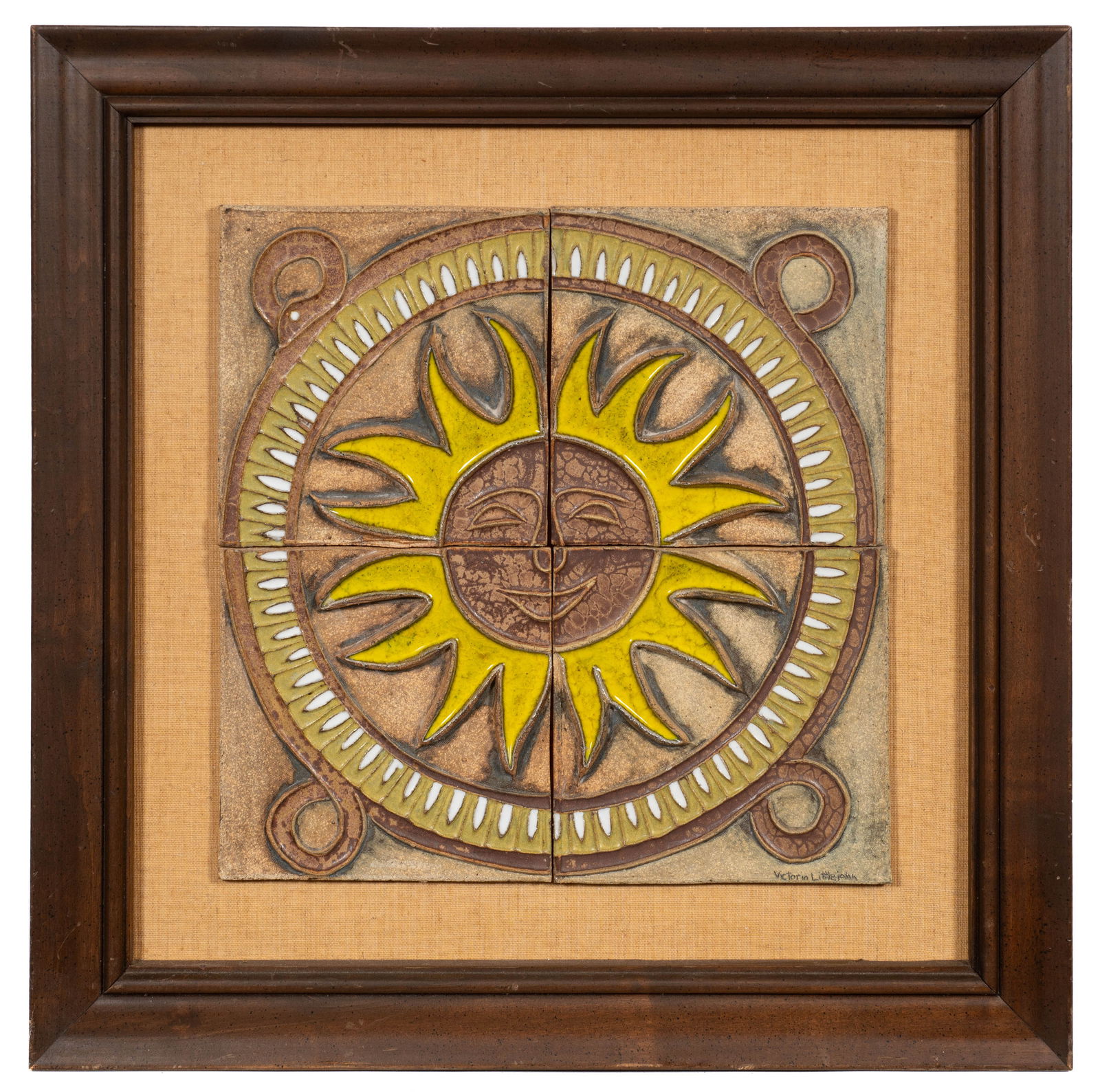 Victoria Littlejohn, Art Pottery Plaque of Sun.: This lot contains a four-panel glazed ceramic sun by Victoria Littlejohn. It is signed, lower right. Paperwork/Provenance: N/A Condition: The tiles show no visible signs of damage. There are a few scr