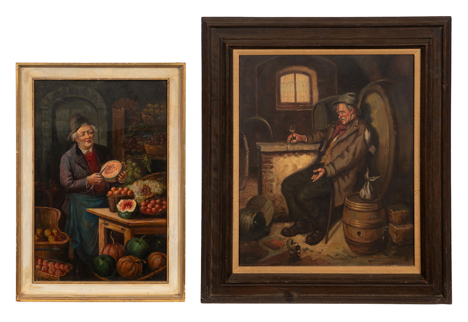 Two Paintings - Beggar and Fruit Vendor, Sgd.: This lot contains two interior scene paintings: a beggar in a wine cellar - signed illegibly in its lower left corner, and a painting of a fruit vendor. The latter is signed "H. Morel, lower left. Pap