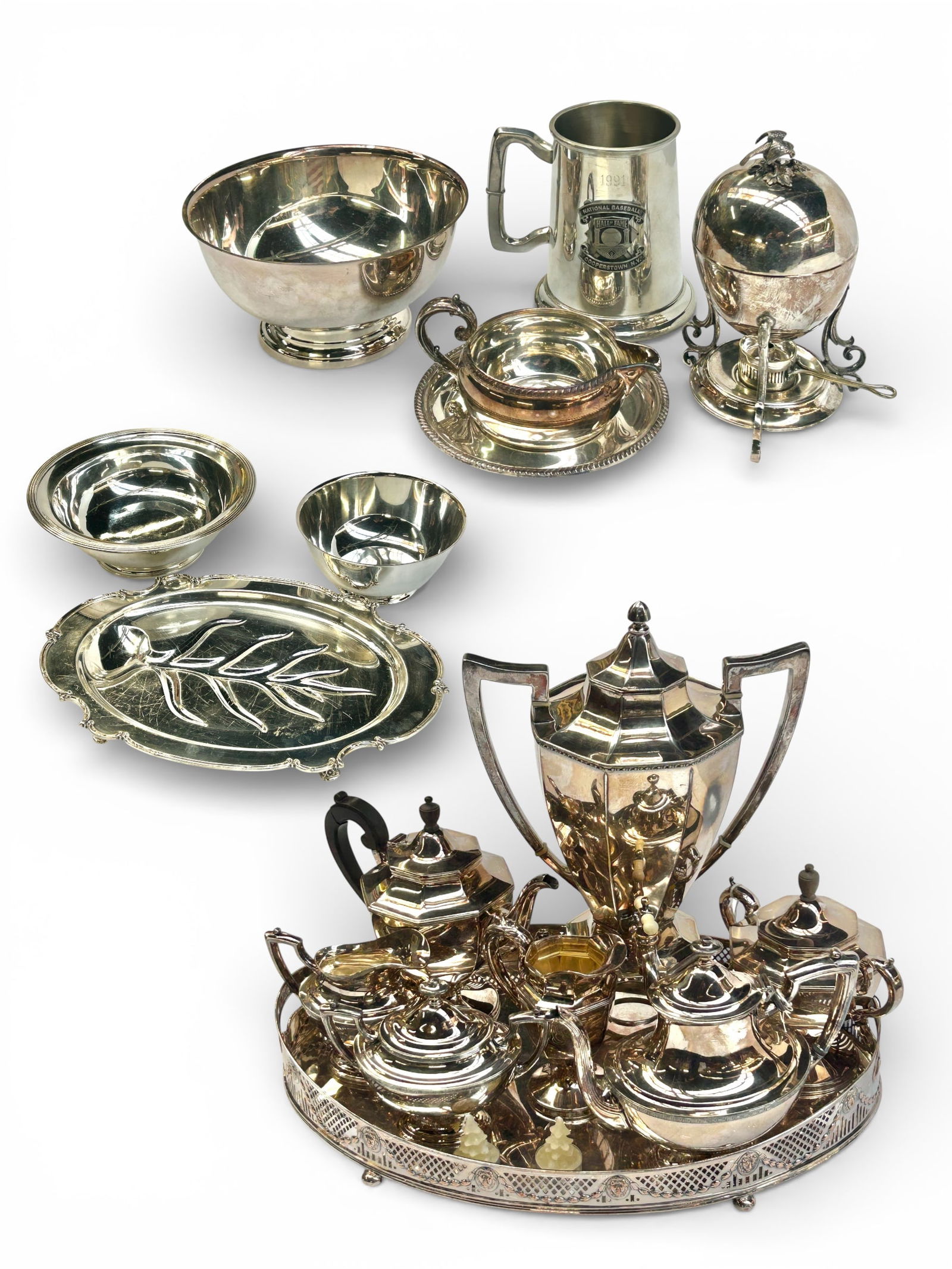 Lot of Assorted Silverplate - Gorham, etc.: This lot includes a Gorham samovar with tea set, a Reed & Barton gravy boat with underplate, a Paul Revere bowl, a Towle bowl, a Rogers Bros. meat platter, and more. Overall, the lot looks to be in go