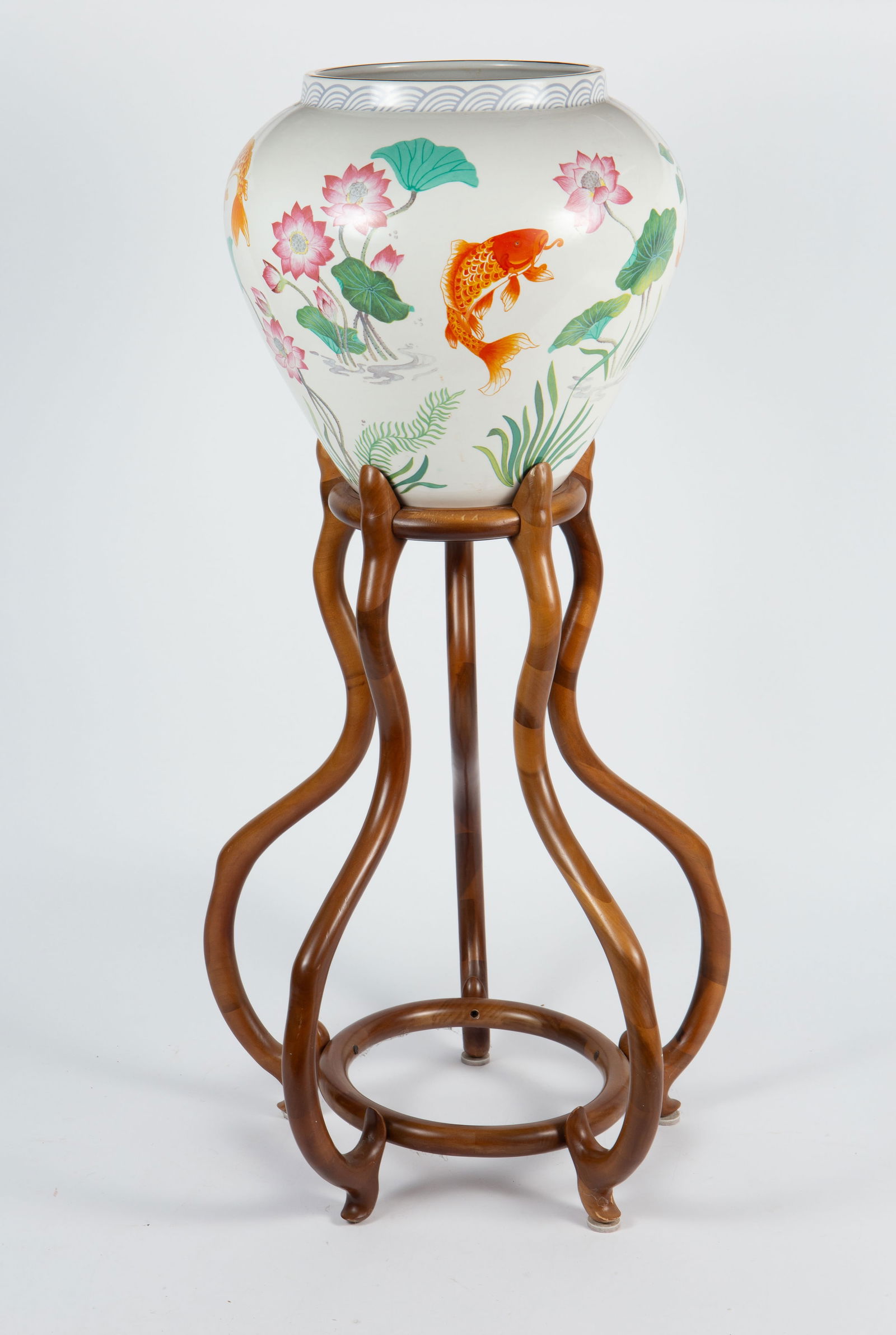 Franklin Mint Golden Carp Jardiniere w/ Stand.: The large vase is a Franklin Mint "Vase of the Golden Carp". It looks to be in good condition, and measures 13" x 13" x 13". The wood stand also looks to be in good condition, and measures 17 1/2" x