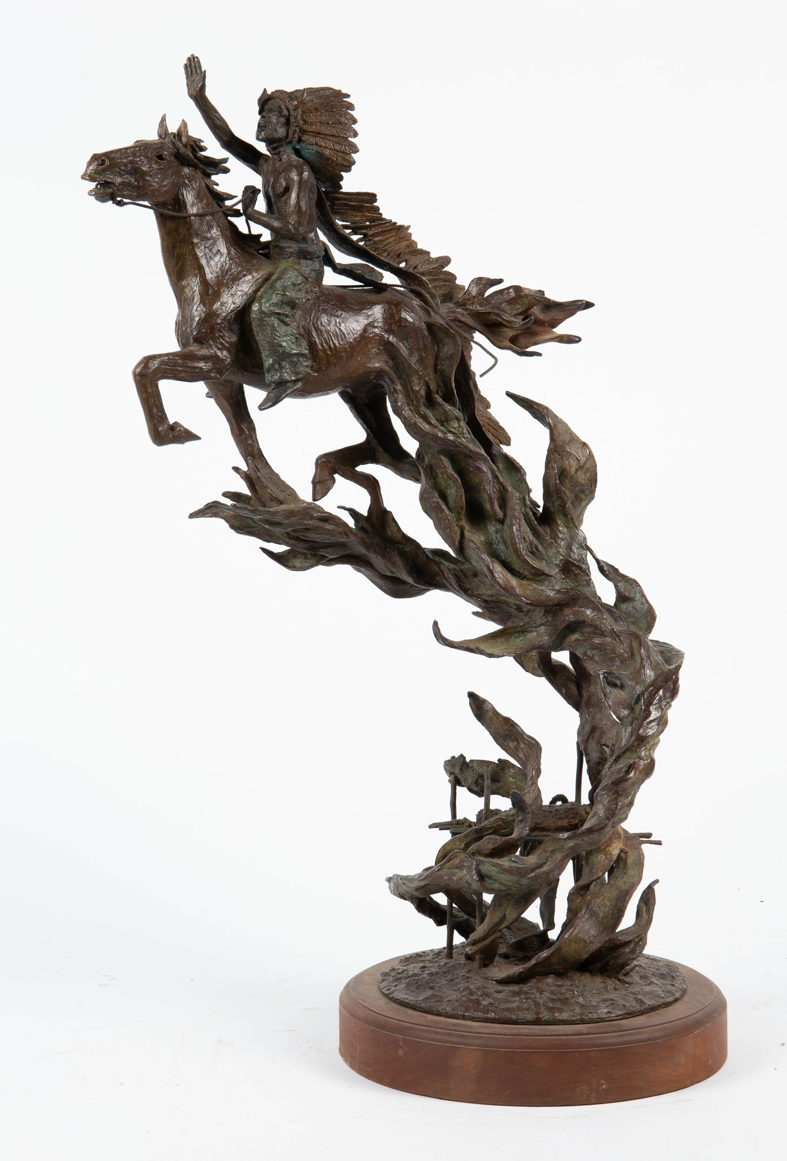 James Roybal "Rebirth of a Warrior" Bronze.: It is signed, dated 1979, and numbered 13 out of 20 produced. This winding bronze sculpture depicts an American Indian chief on horseback. Overall, it looks to be in nice cosmetic condition. The dimen