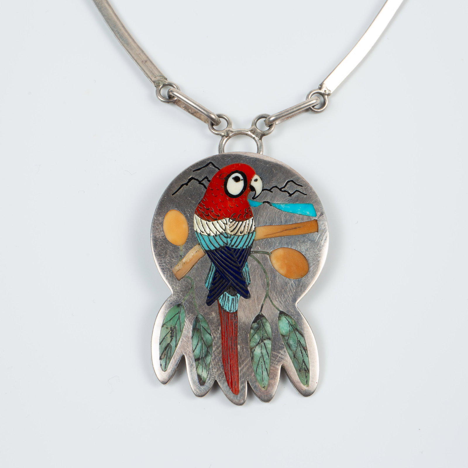 H.M. Coonsis Zuni Sterling Parrot Brooch Necklace. (1 of 4)