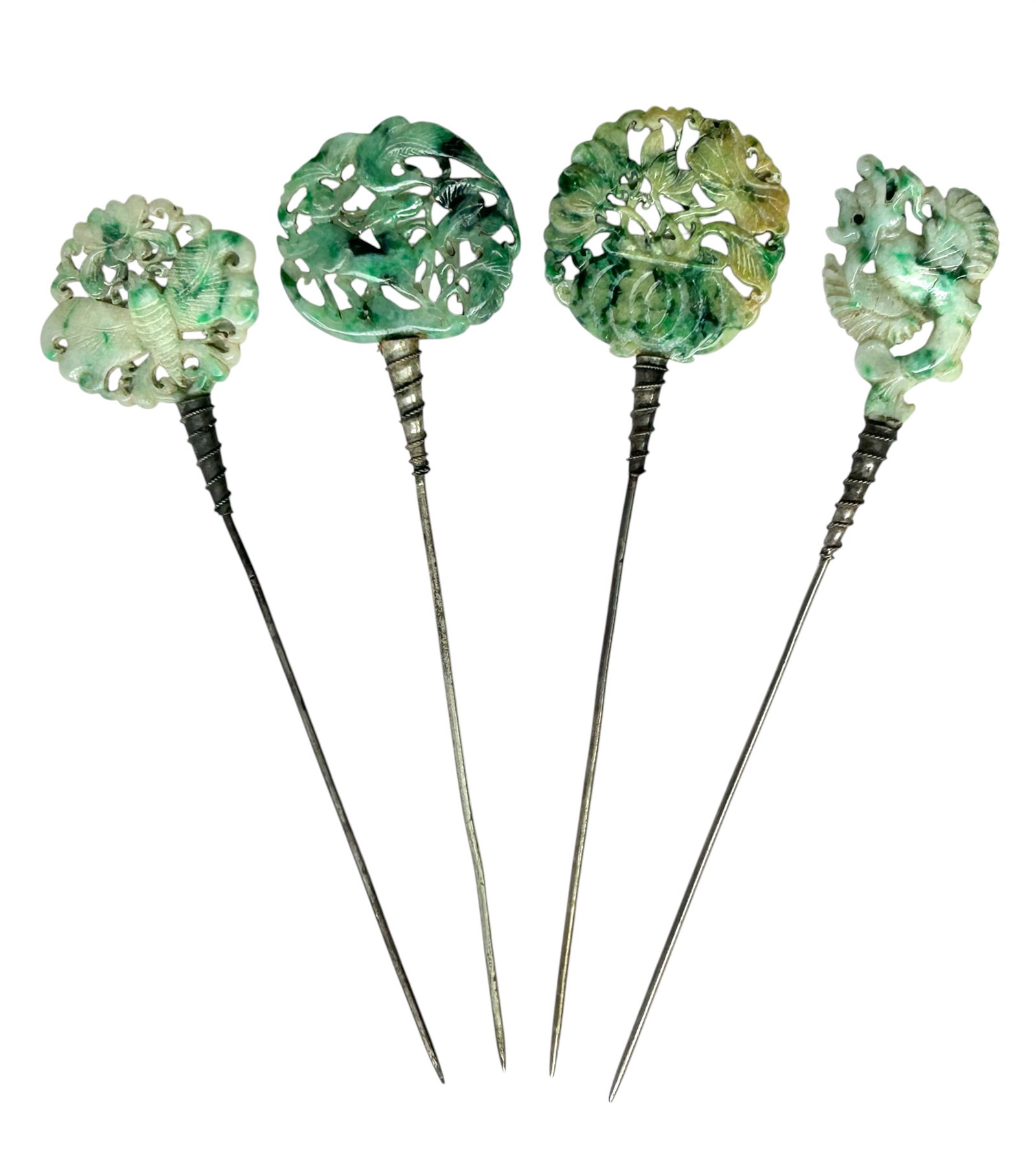 Lot of 4 Carved Asian Jadeite Hair Pins.: There are carvings of a moth or butterfly, a deer, and a dragon. These are old, likely Republic Period. The pins measure 6 3/4" to 7" long. The largest jade portion measures 2" x 1 3/4". The smallest