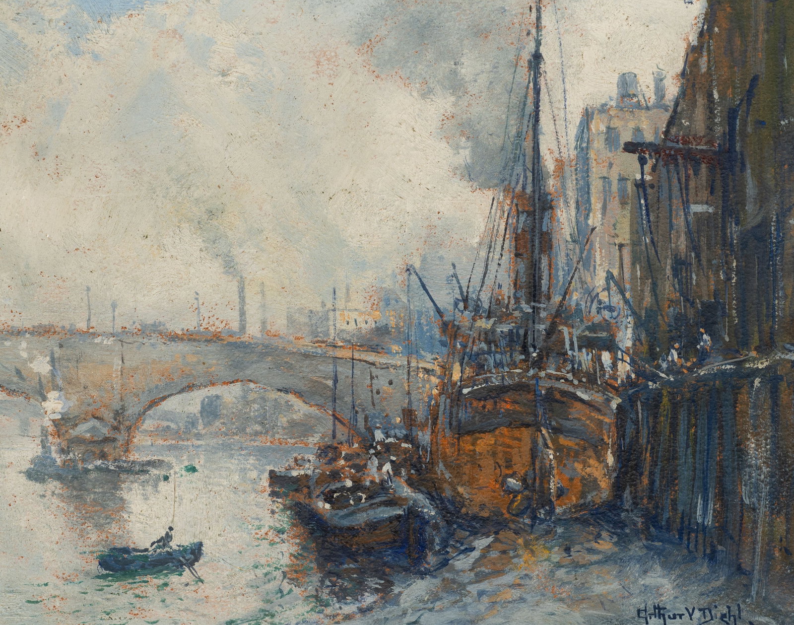 Antique Harbor Scene Painting, Arthur V. Diehl.: Artist(s): Arthur Vidal Diehl (English, 1870-1929), "Merchandise Carriers, London". Medium: Oil painting on board. Signature(s): "Arthur V. Diehl", lower right. Paperwork/Provenance: N/A Condition: Si