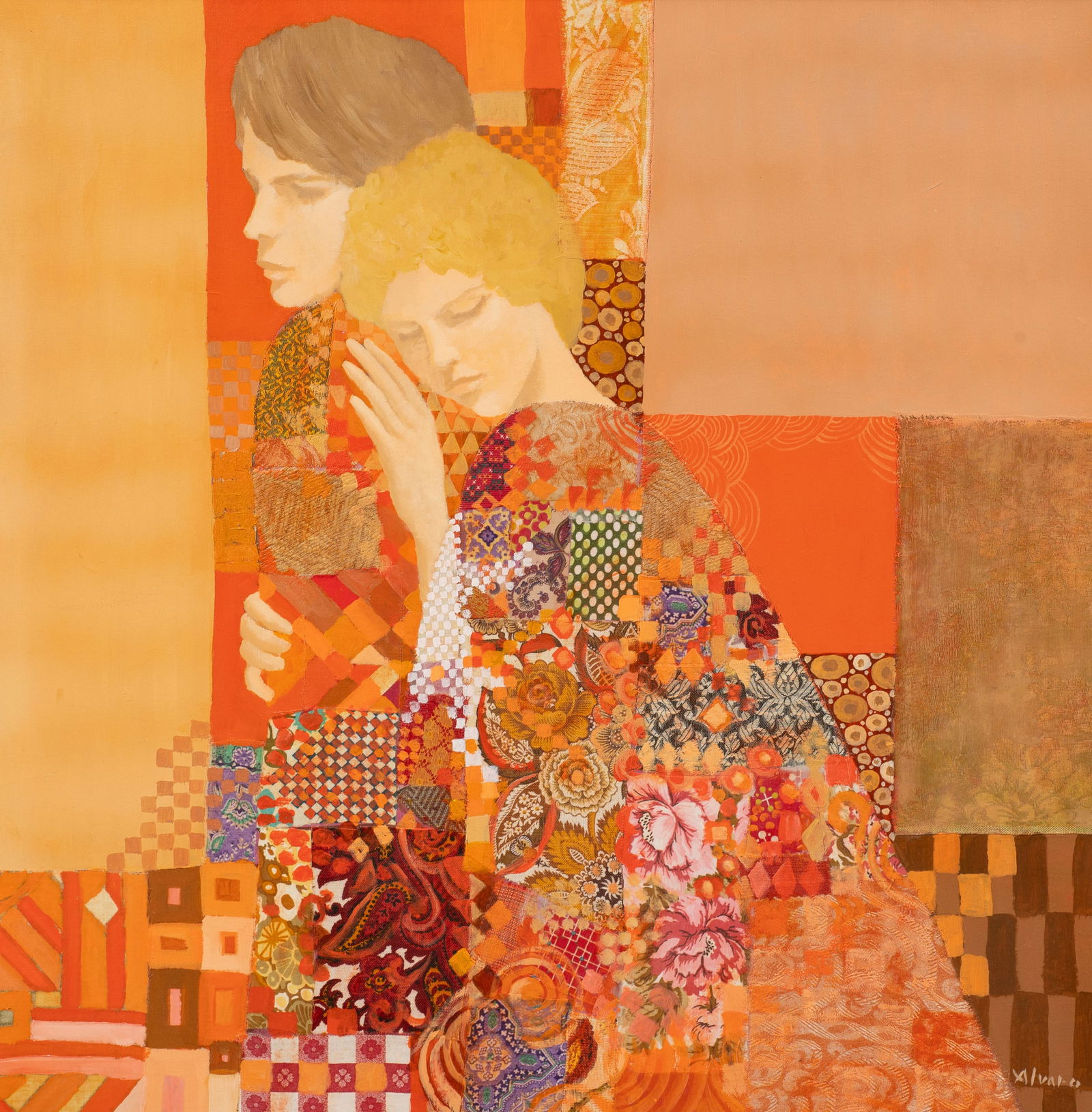 Mixed-Media Figural Painting by Alvaro.: Artist(s): Alvaro (Japan / Spain, 20th-21st Century). Medium: Oil painting on canvas, with a collage of painted fabric patches. Signature(s): Lower right. Paperwork/Provenance: N/A Condition: Some min