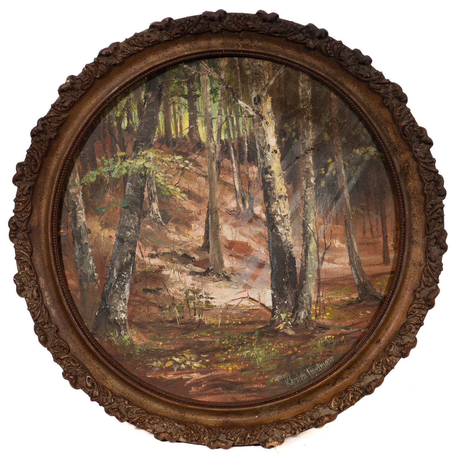 Wooded Landscape, Karsten Topelmann.: Artist(s): Karsten Topelmann (German-American, 1929-2021). Medium: Oil painting on canvas board. Signature(s): Signed lower right. Paperwork/Provenance: N/A Condition: Both the board and frame have wa