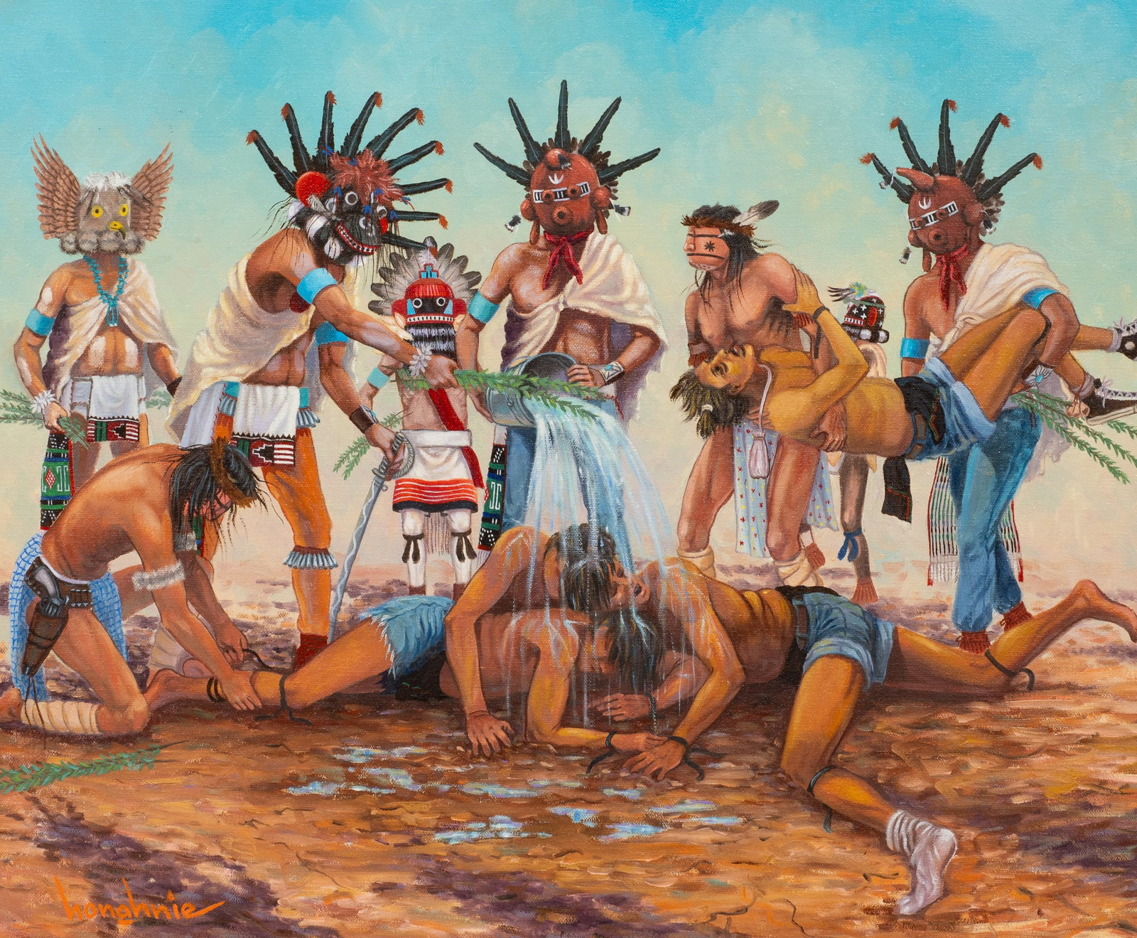 Hopi Purification Ceremony, Anthony Honahnie: Artist(s): Anthony E. Honahnie (Hopi, 20th/21st Century). Medium: Acrylic painting on canvas. Signature(s): Lower left. Paperwork/Provenance: Attached is a tag from Squash Blossom Gallery, Inc. Condit
