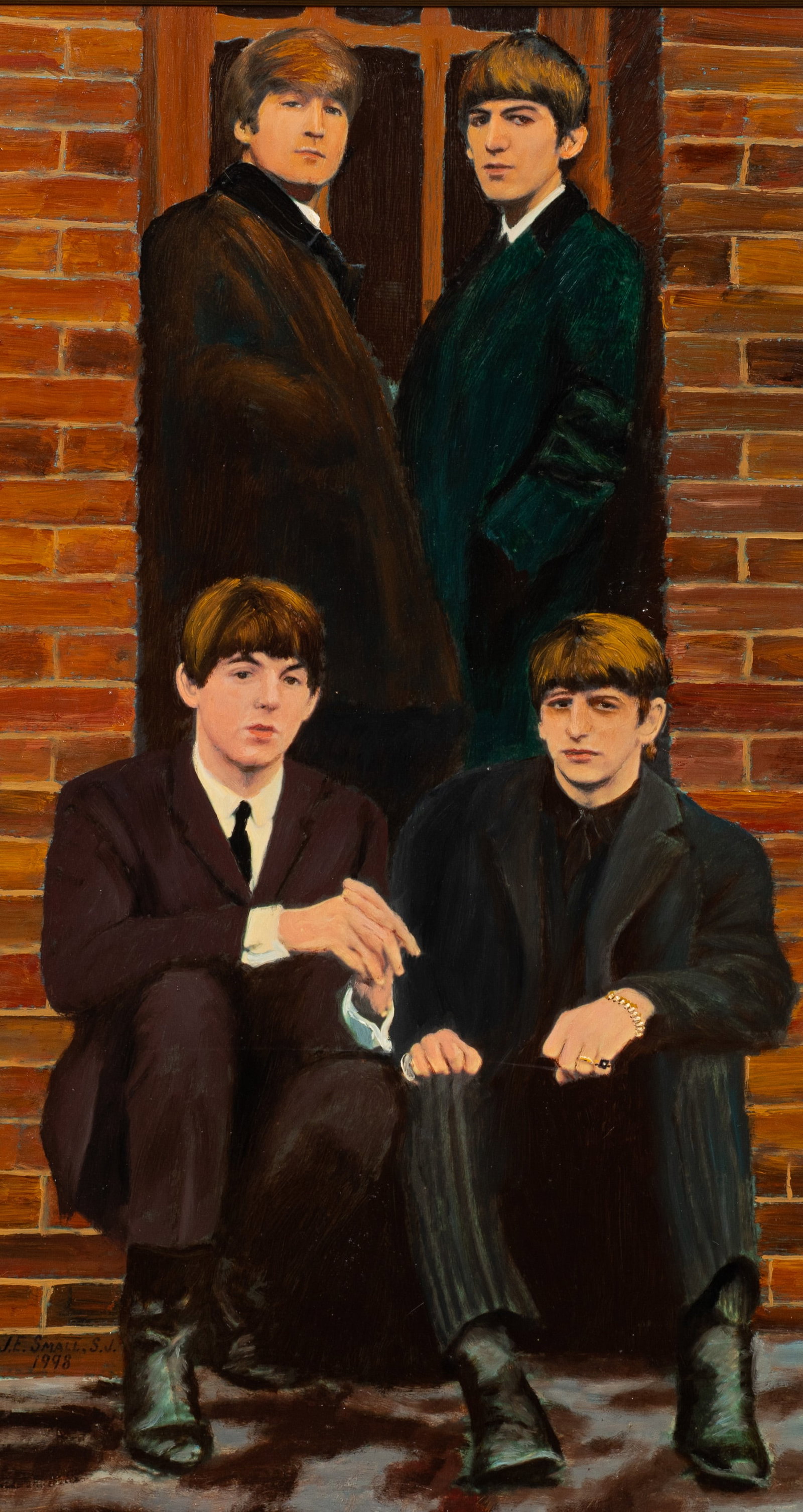 Painting of The Beatles by James E. Small.: Artist(s): Br. James E. Small, SJ (American, 1922-2026). Medium: Oil painting on board. Signature(s): Signed and dated from 1998, lower left. Paperwork/Provenance: N/A Condition: The painting appears