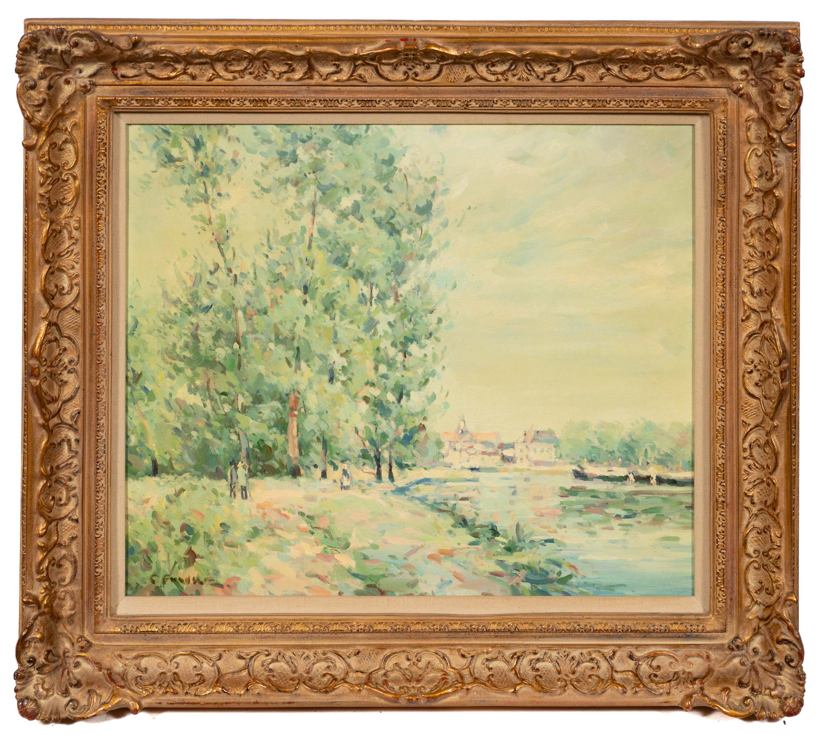 Impressionist Town by River, Signed. - 2