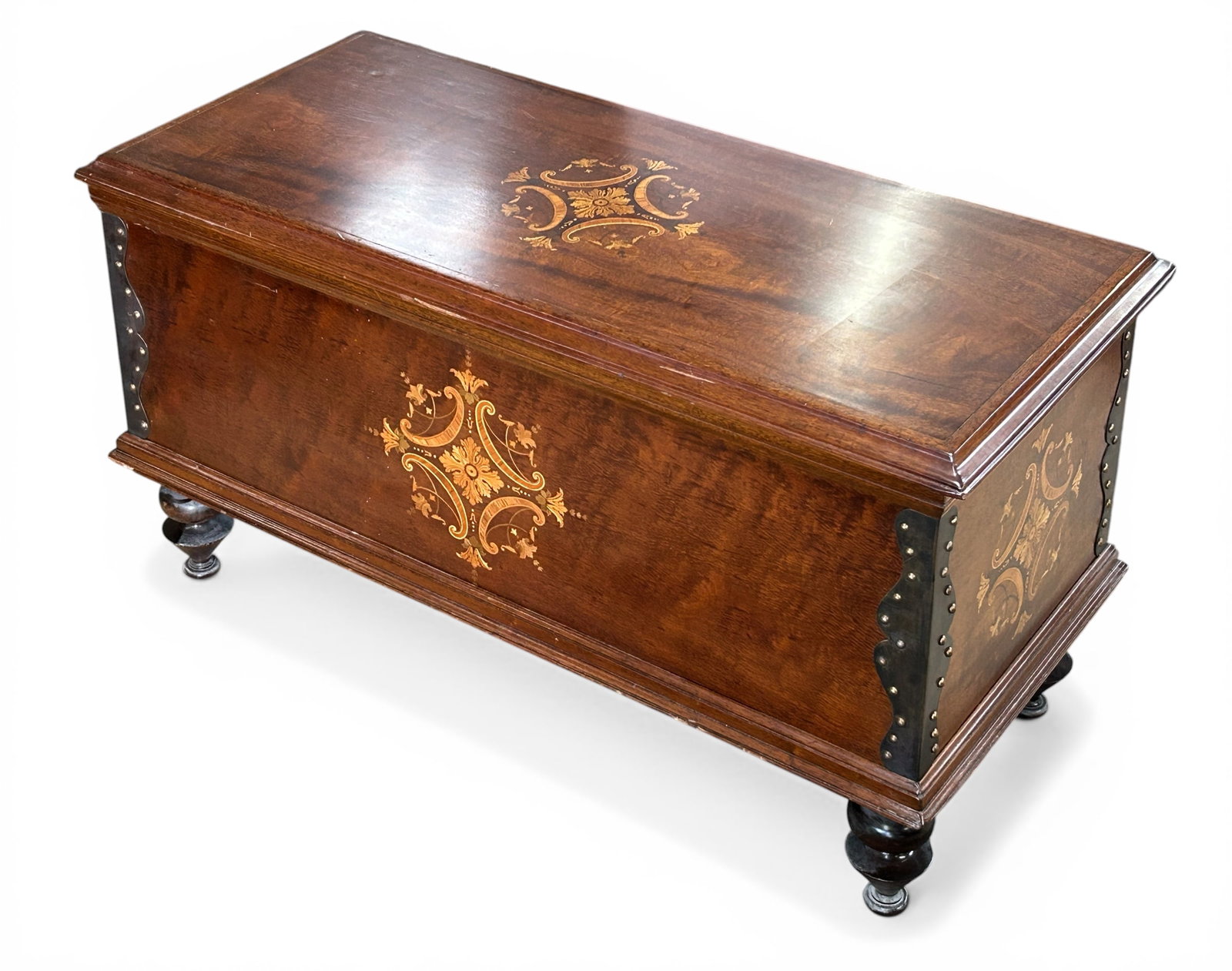 Large Footed Blanket Chest w/ Marquetry & Metal. (1 of 9)