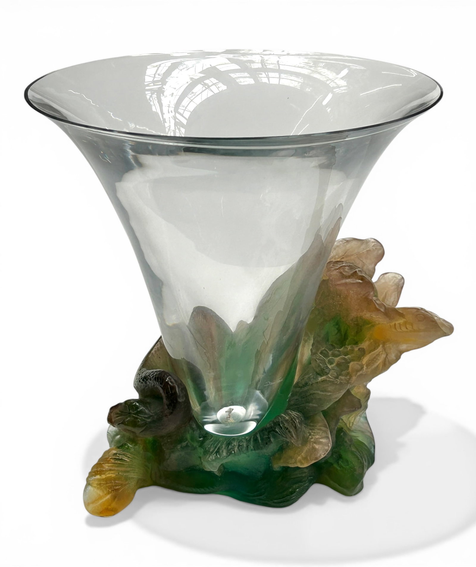 Daum Pate de Verre Snake Vase.: This clear vase has a pate de verre vase with two snakes. One of the snakes has had its head repaired. The rest of the vase looks to be in good condition. The dimensions are 10 3/4" x 7 1/4" x 11 3/4"