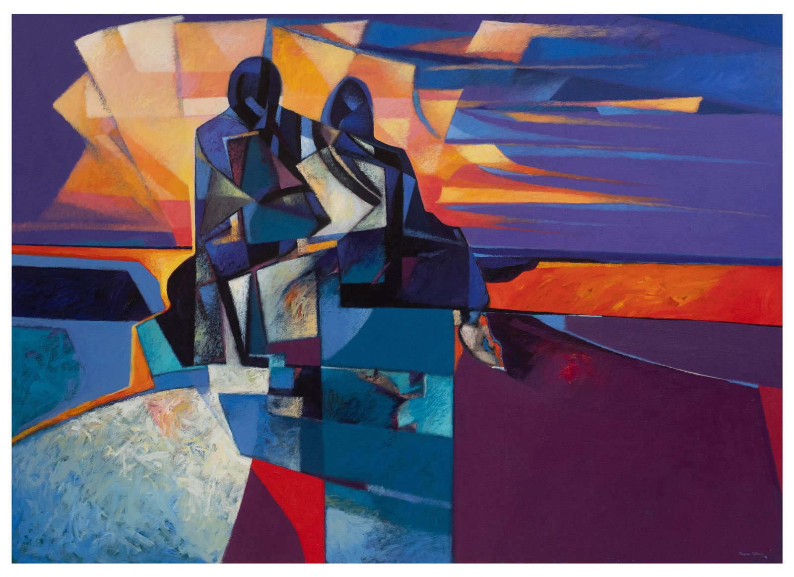 Lg. Abstract Figural Painting by David Johns.: Artist(s): David Johns (Dine, b. 1948). "Couple at Sunset", 1997. Medium: Acrylic painting on canvas. Signature(s): Lower right. Signed, titled, and dated en verso. Paperwork/Provenance: N/A Condition