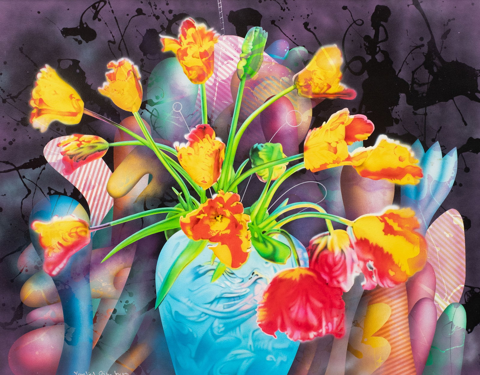 Rythmic Vase, Large Painting by Yankel Ginzburg.: Artist(s): Yankel Ginzburg (b. 1945). Medium: Acrylic painting on canvas. Signature(s): Lower left and en verso. Paperwork/Provenance: N/A Condition: Damage to the paint in the upper right hand corner