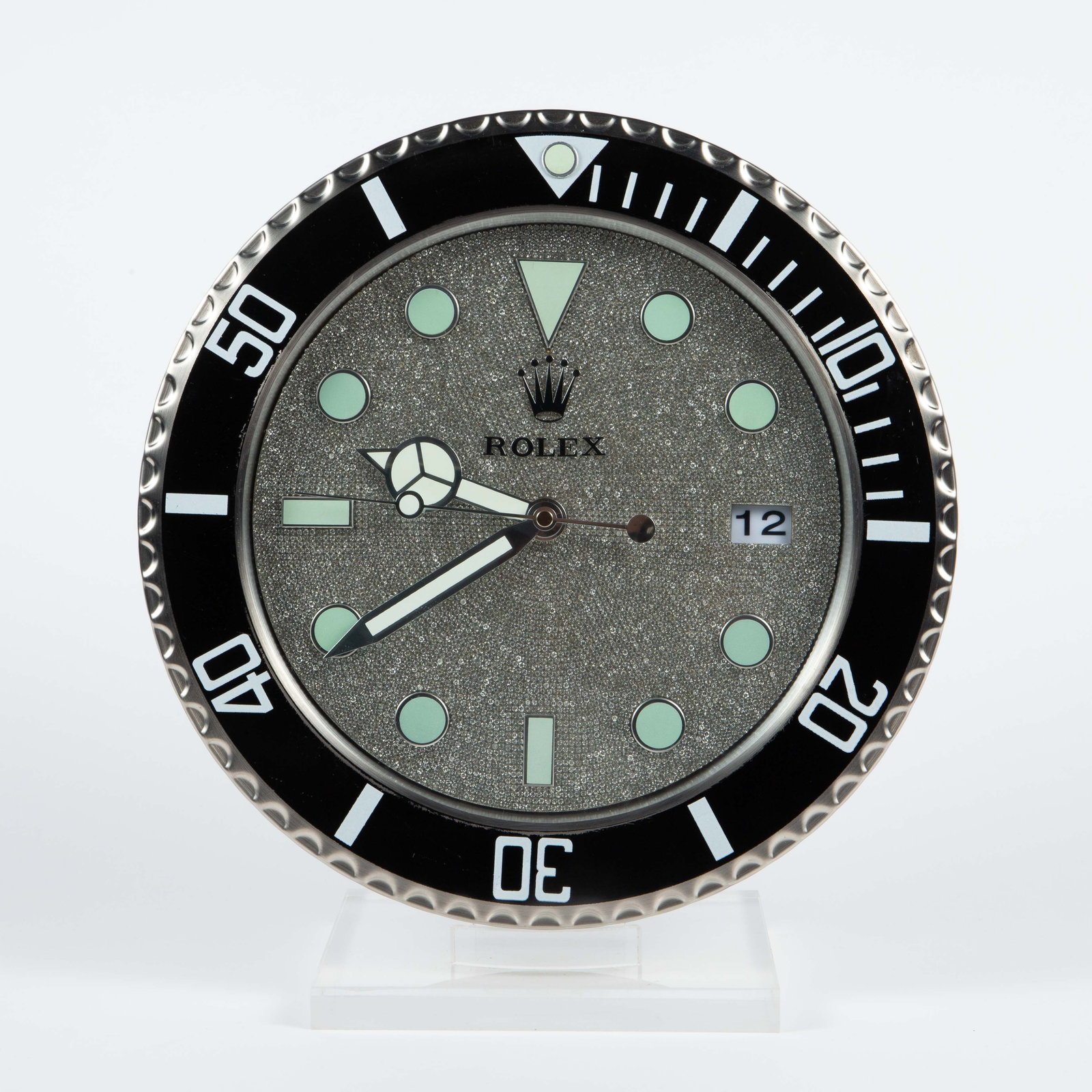 Rolex Dealer Display Wall Clock w/ Rhinestones.: This dealer clock is tested, and appears to be working. There are some scratches along the border, but overall the clock looks to be in good cosmetic condition. It measures 13 3/8" x 13 3/8" x 2". In-