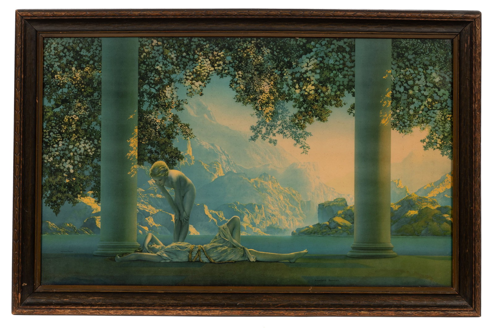 Daybreak, Lithograph After Maxfield Parrish.: This lot contains a framed print after Maxfield Parrish's "Daybreak". It is signed in-print and published by House of Art, N.Y. Paperwork/Provenance: N/A Condition: Signs of foxing, as well as a water